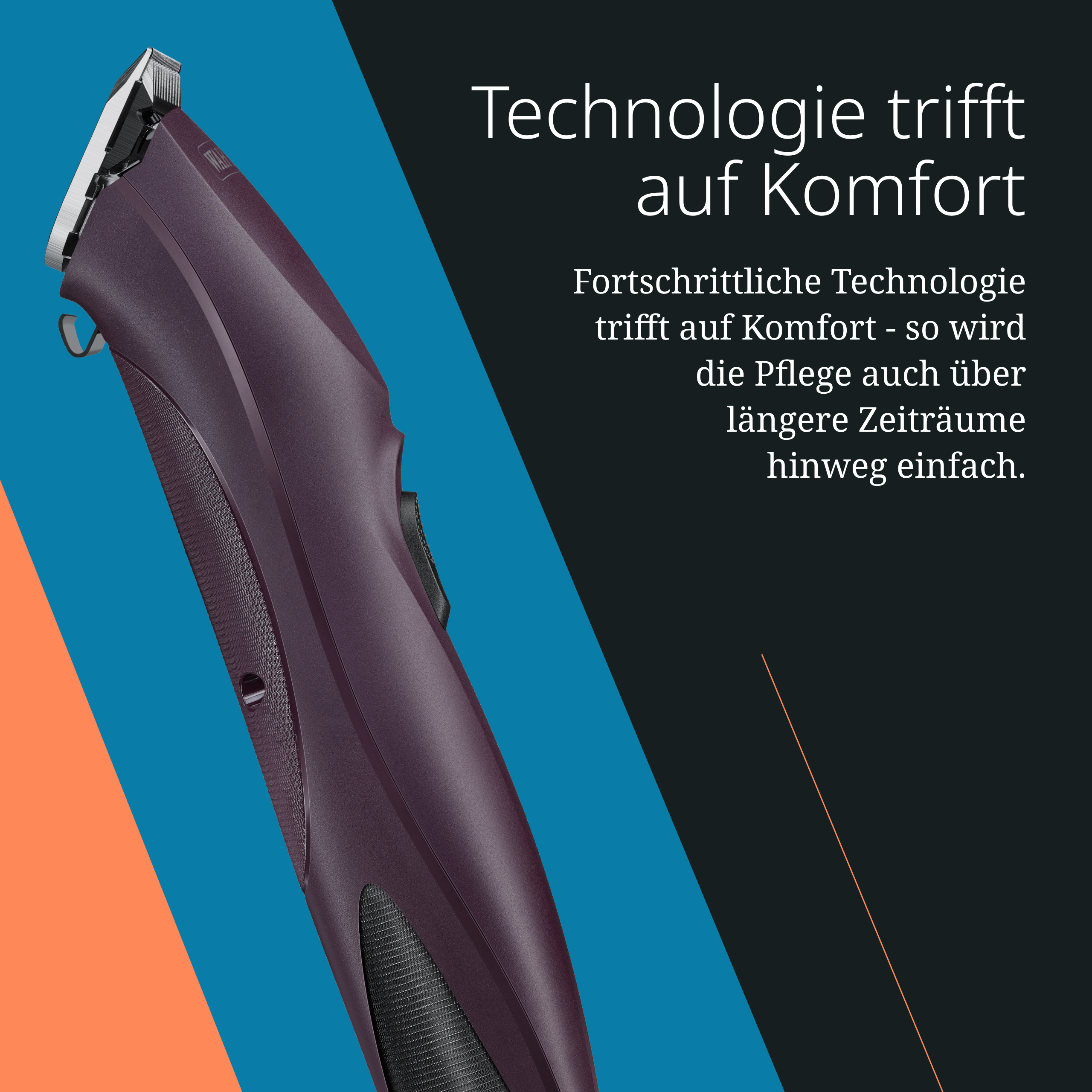 Ein violetter Haarschneider mit silbernen Klingen auf blauem und orangefarbenem Hintergrund.
