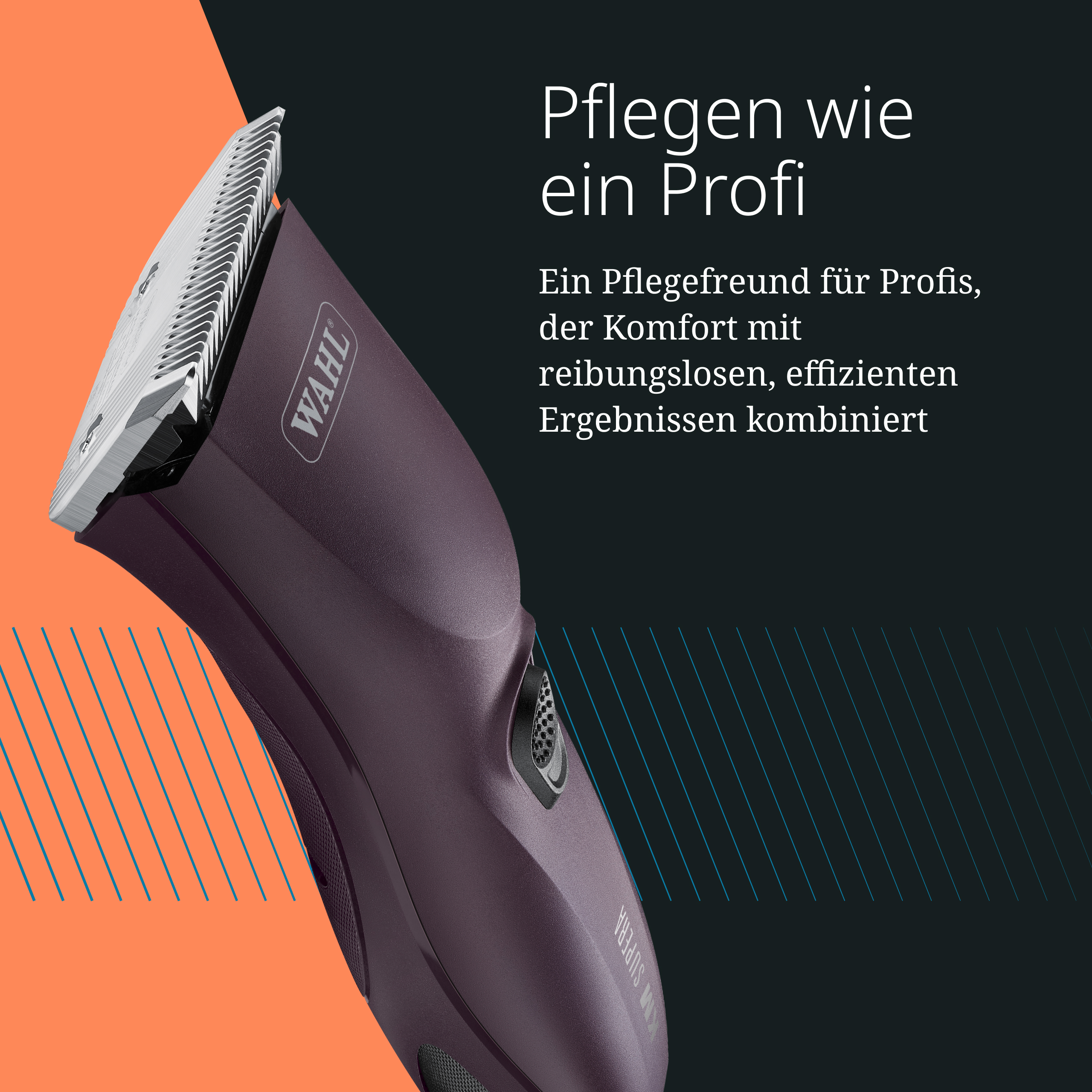 Ein lila Haarschneider mit silberner Klinge und WAHL-Logo.