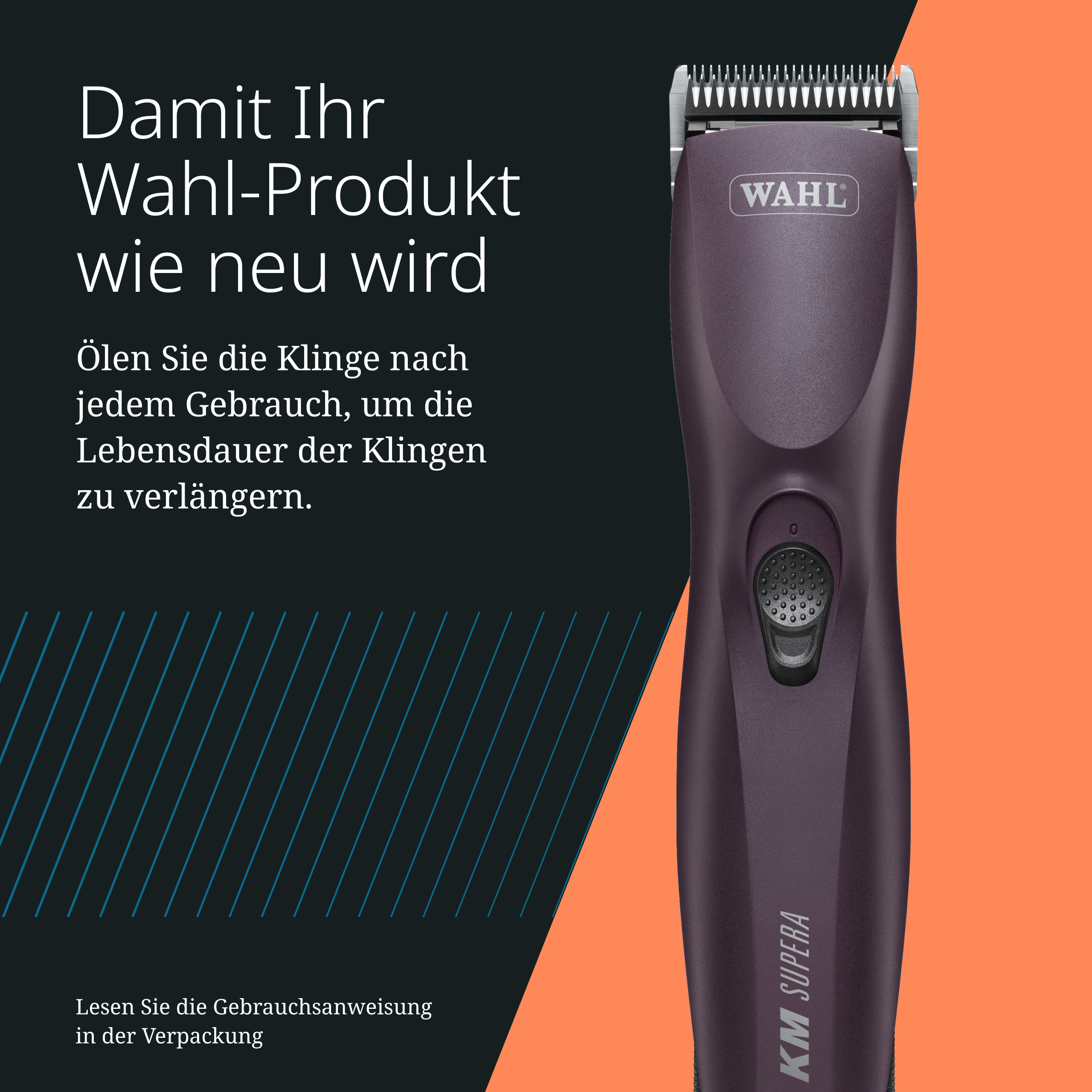 Ein violetter Wahl Haarschneider mit silbernen Klingen und Schriftzug. Daneben Text.