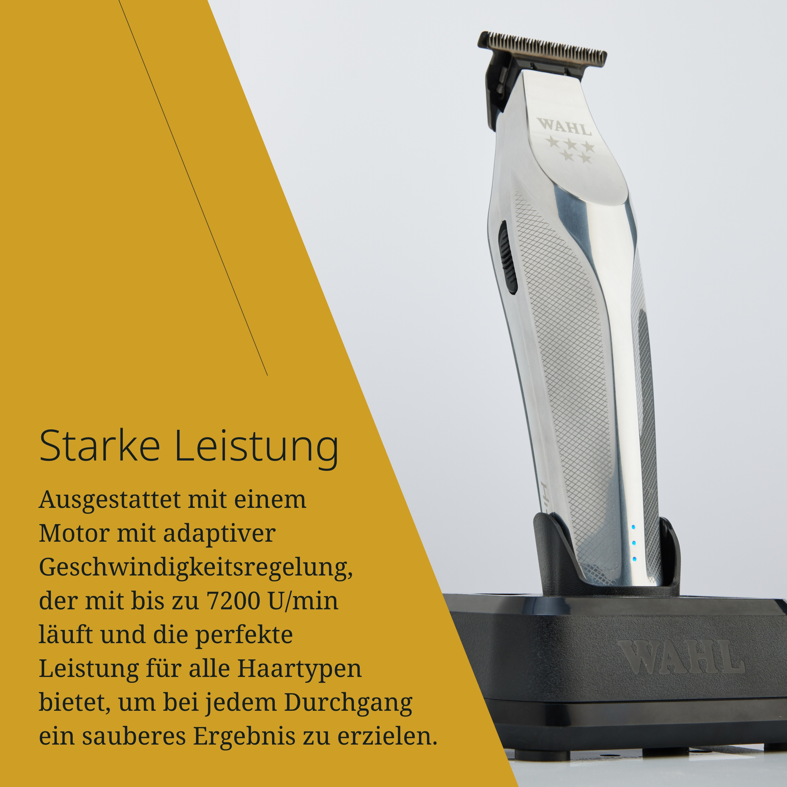 Ein silberner Haartrimmer von Wahl steht auf seiner Ladestation.