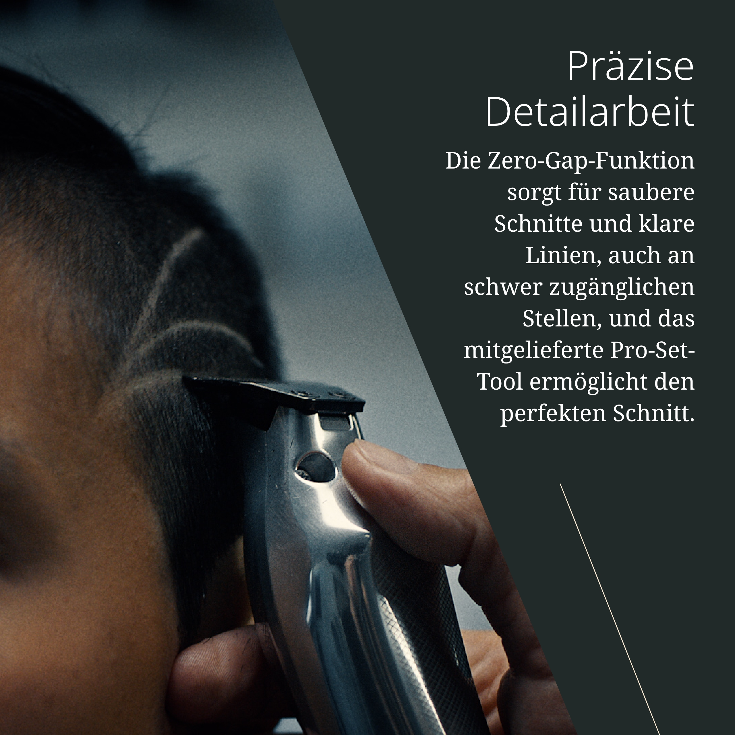Nahaufnahme einer Person, die mit einem Trimmer die Haare schneidet.