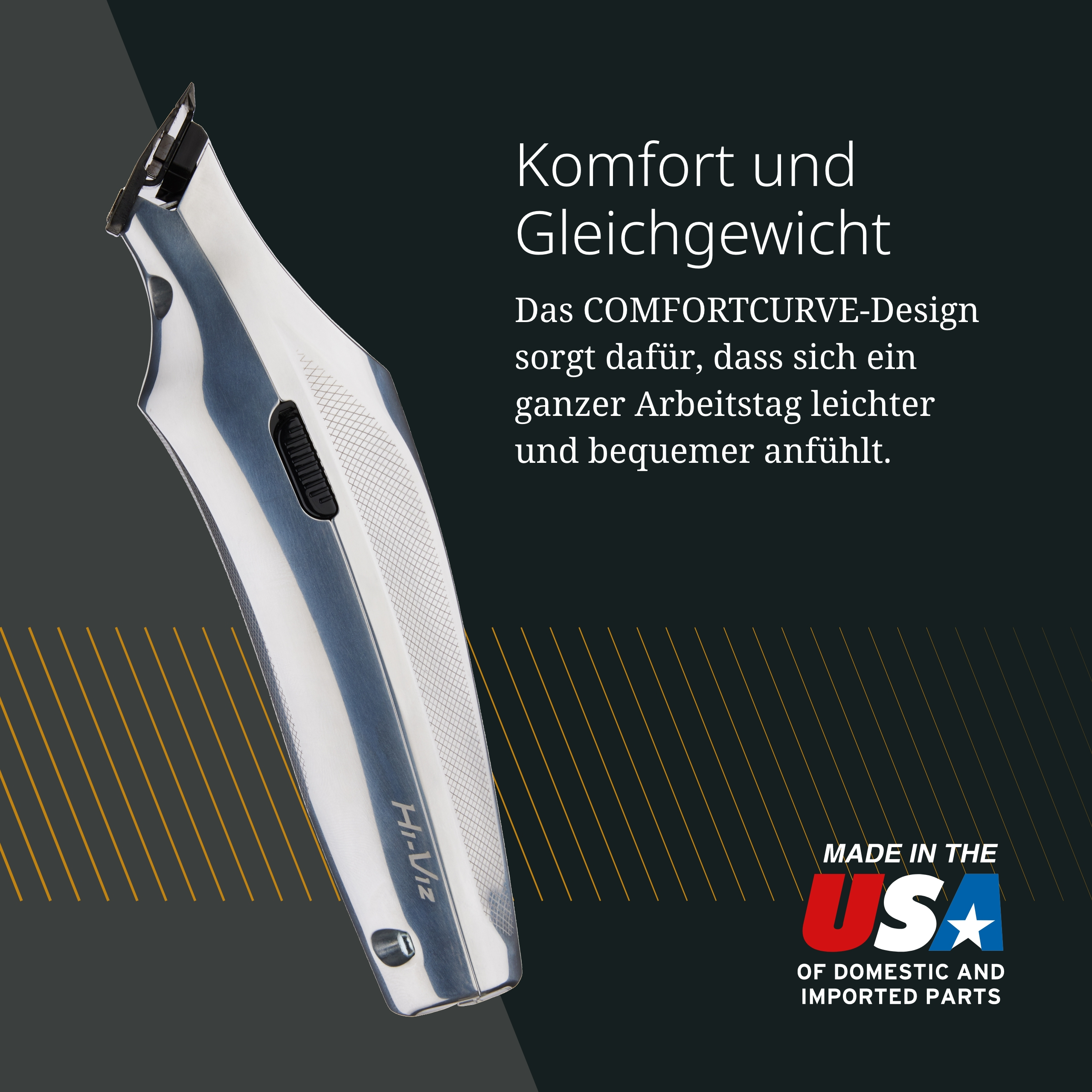 Ein glänzender Haartrimmer liegt auf einem dunklen Hintergrund mit goldenen Linien.
