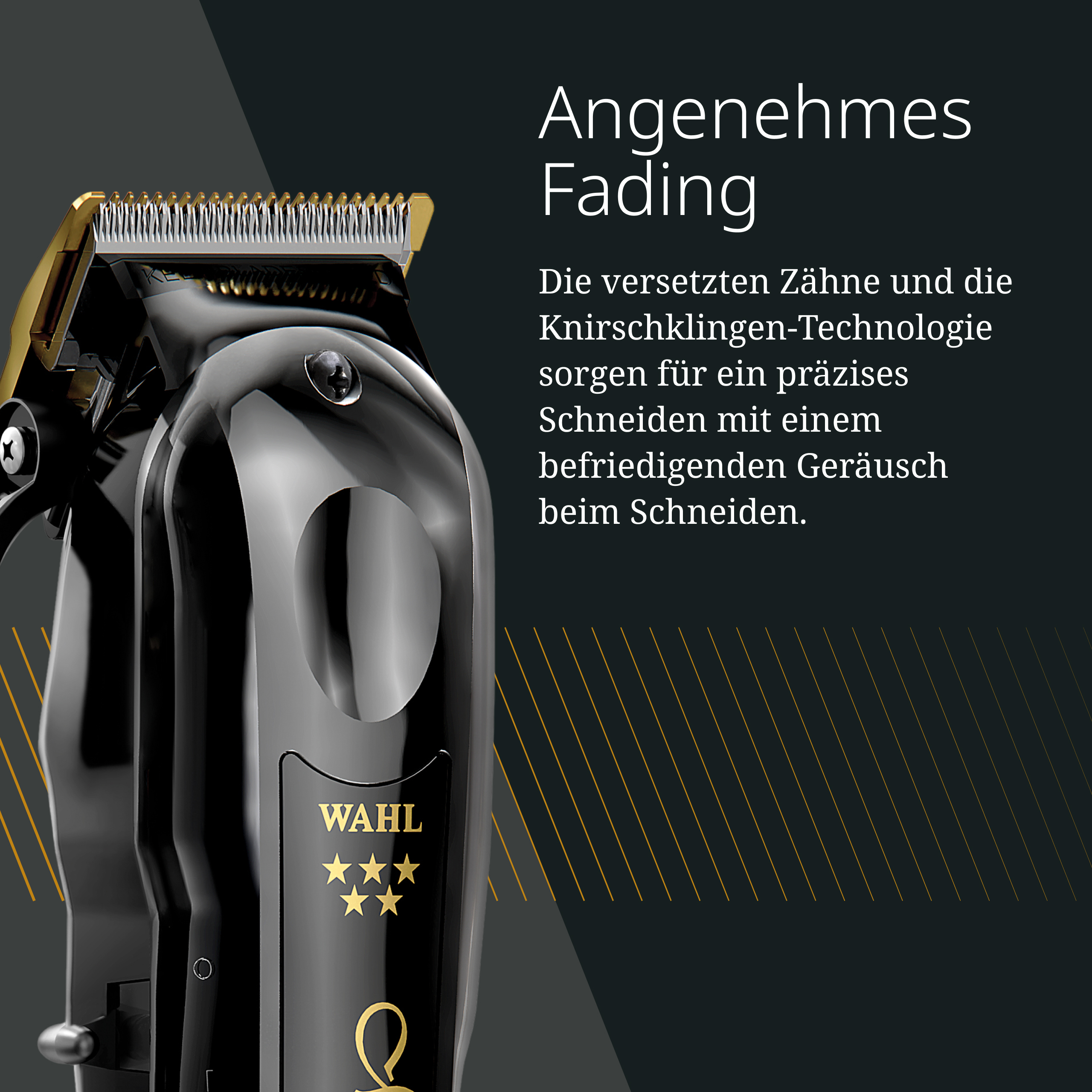 Zbliżenie czarnej maszynki do strzyżenia WAHL ze złotymi akcentami.