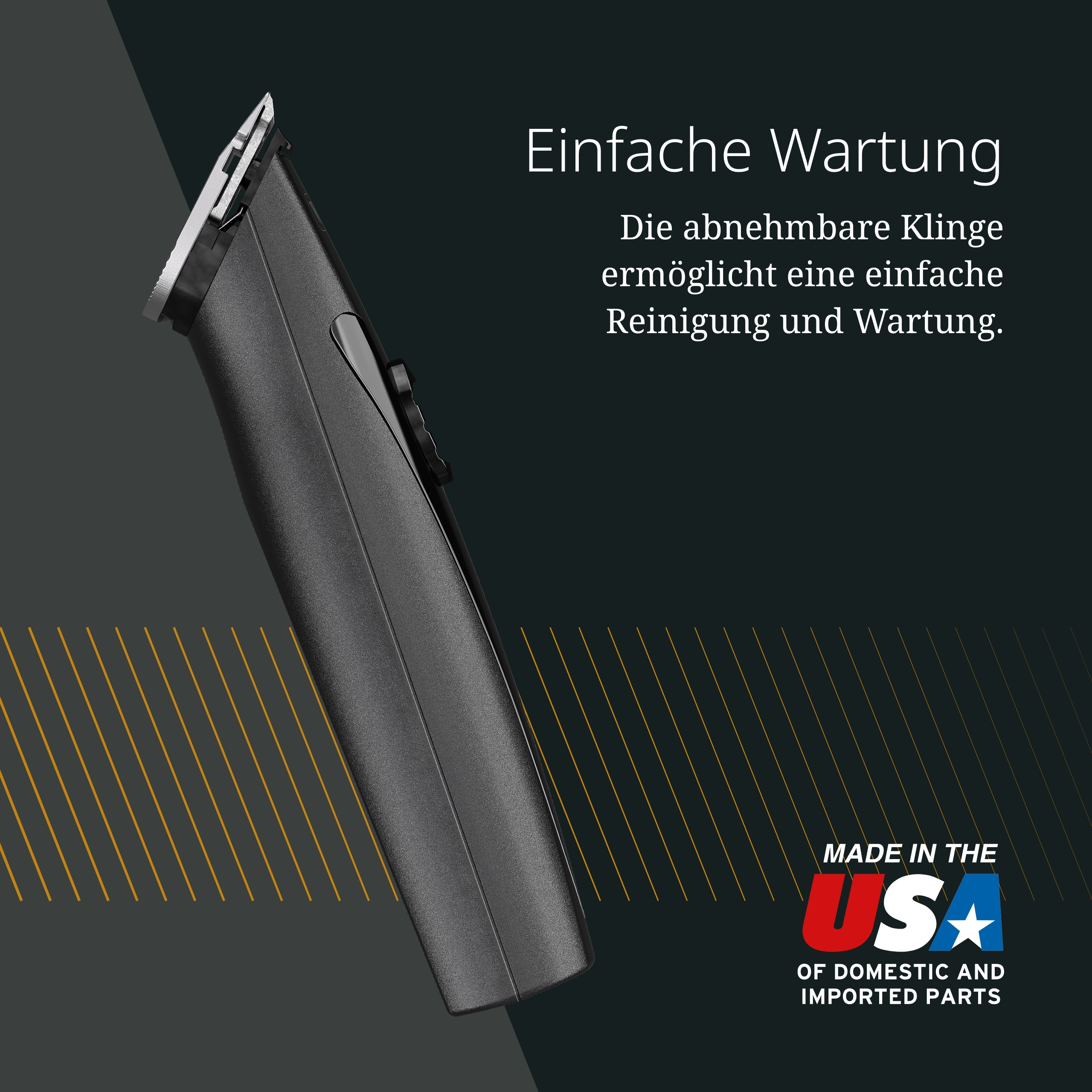 Une tondeuse noire avec une lame détachable, Fabriquée aux États-Unis.