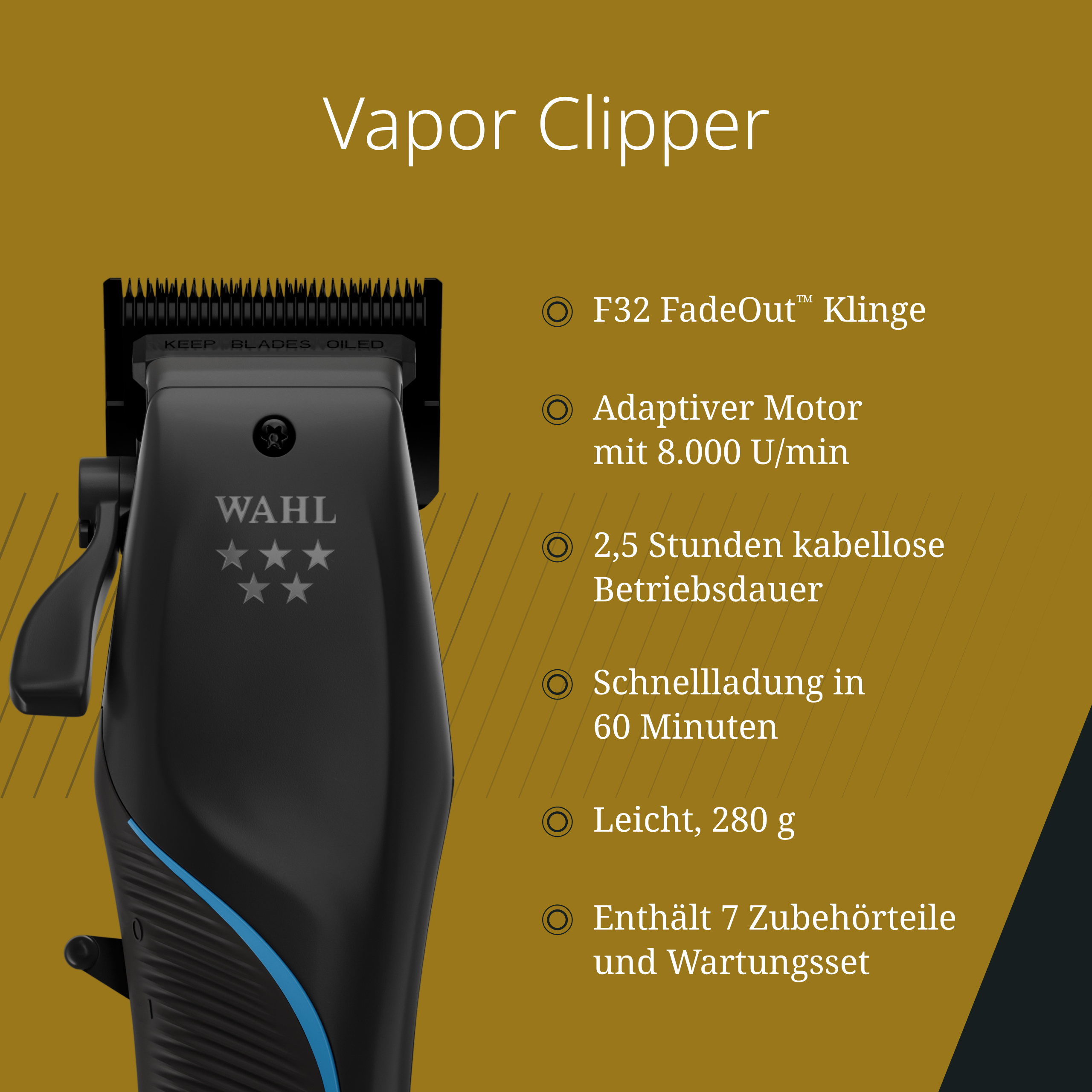 Czarny trymer WAHL Vapor Clipper z niebieskimi akcentami i detalami.