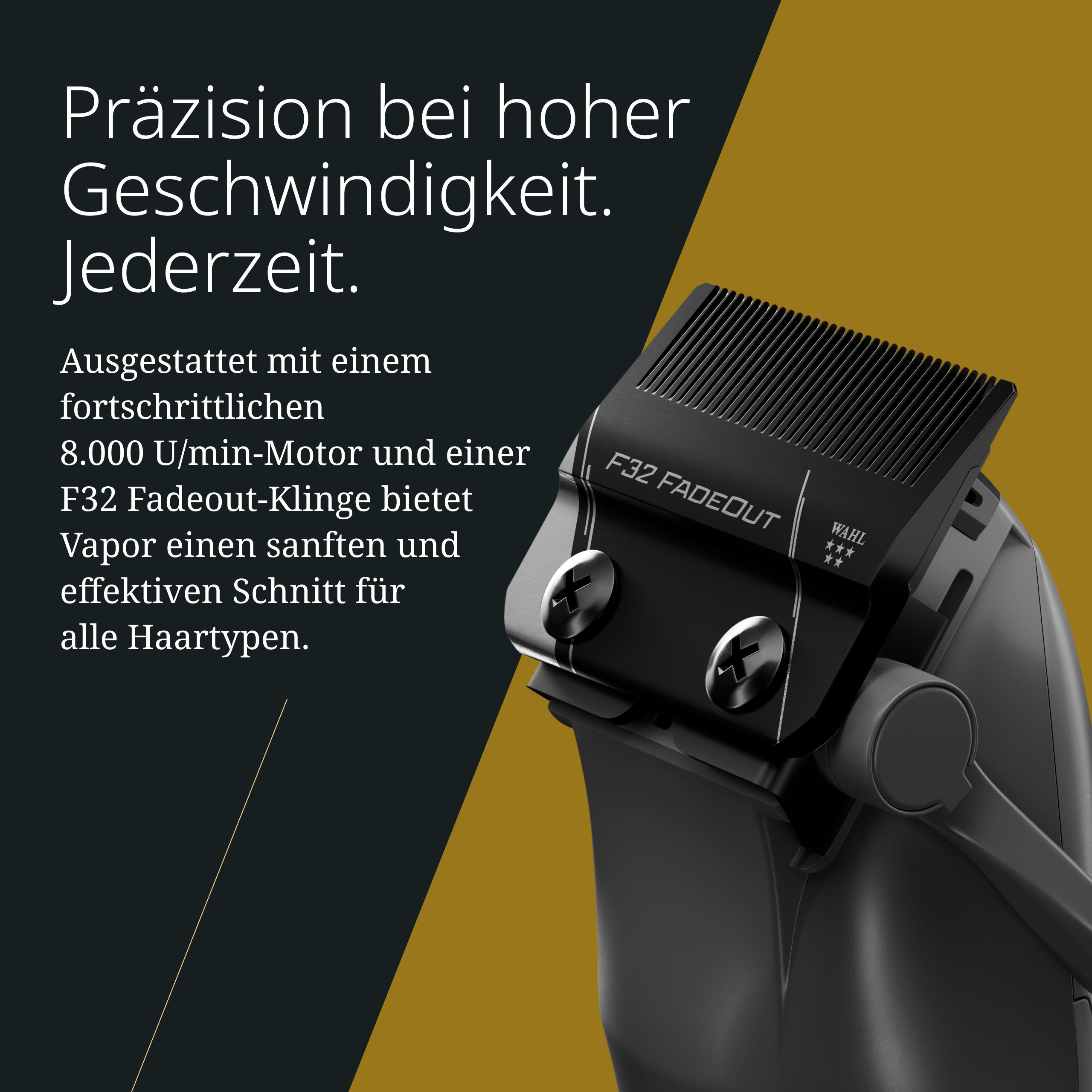 Zbliżenie czarnej maszynki do strzyżenia włosów na złotym i grafitowym tle.