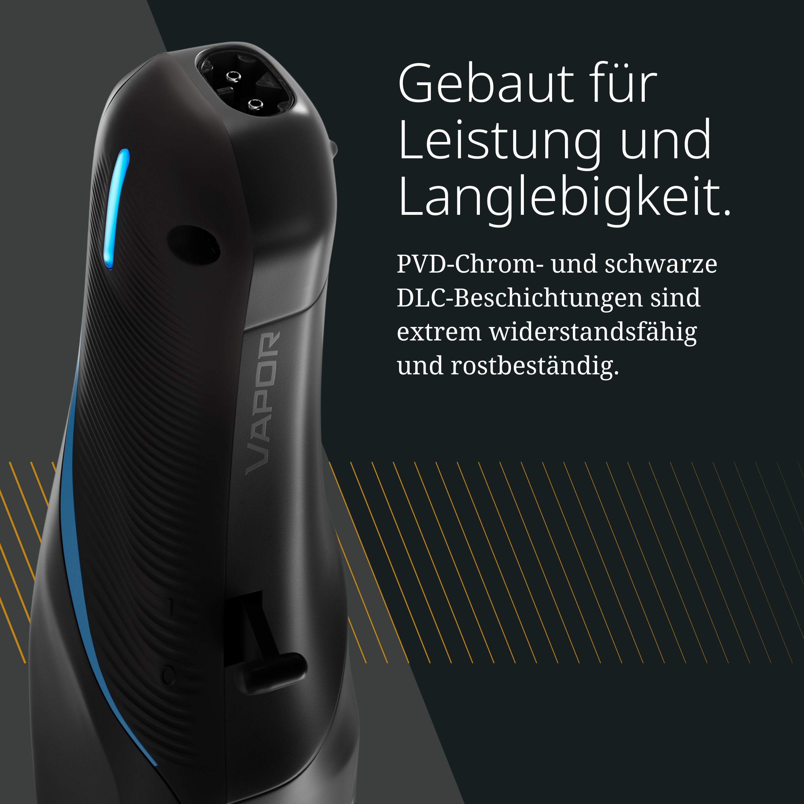 Czarny vapor z niebieskimi akcentami i niemieckim tekstem.