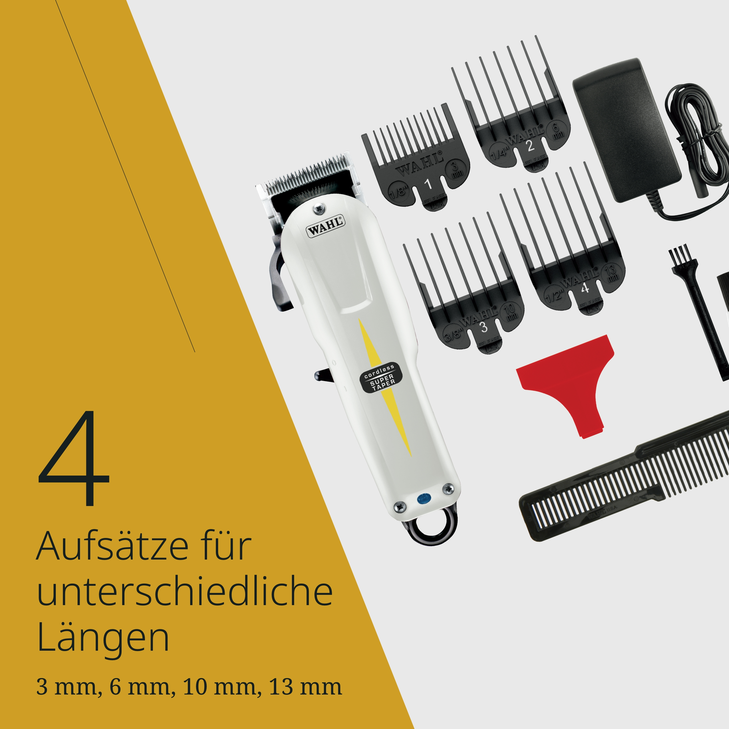 Ein weißer Wahl Haarschneider mit Aufsätzen, Ladegerät und Kamm.