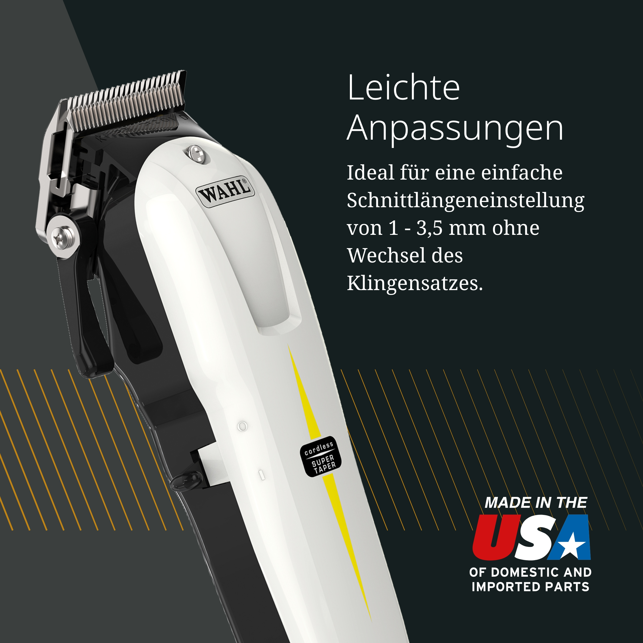 Ein weißer und schwarzer Haarschneider von Wahl mit gelbem Akzent und USA-Logo.