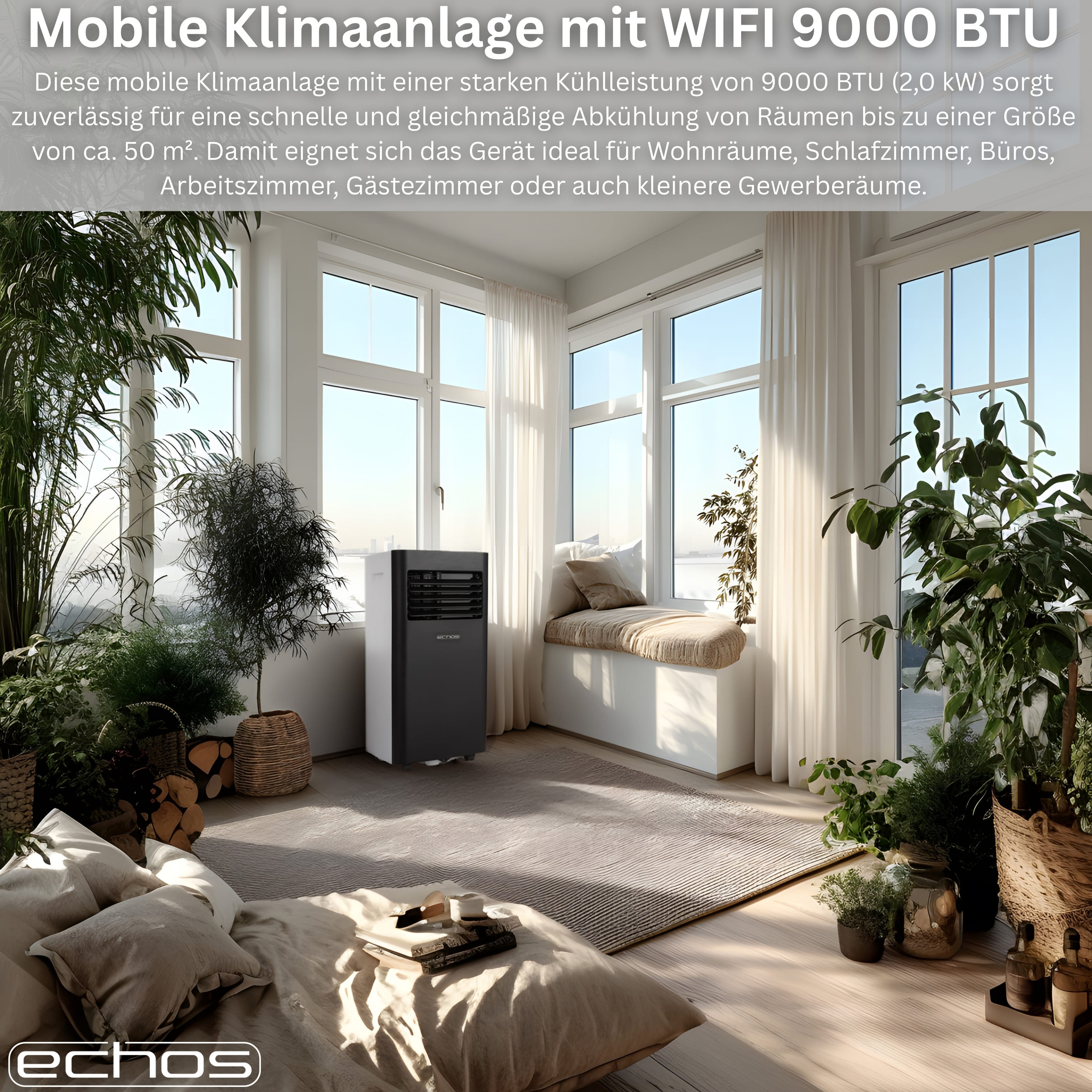 Mobile Klimaanlage in einem hellen Raum mit Pflanzen und Fenstern.