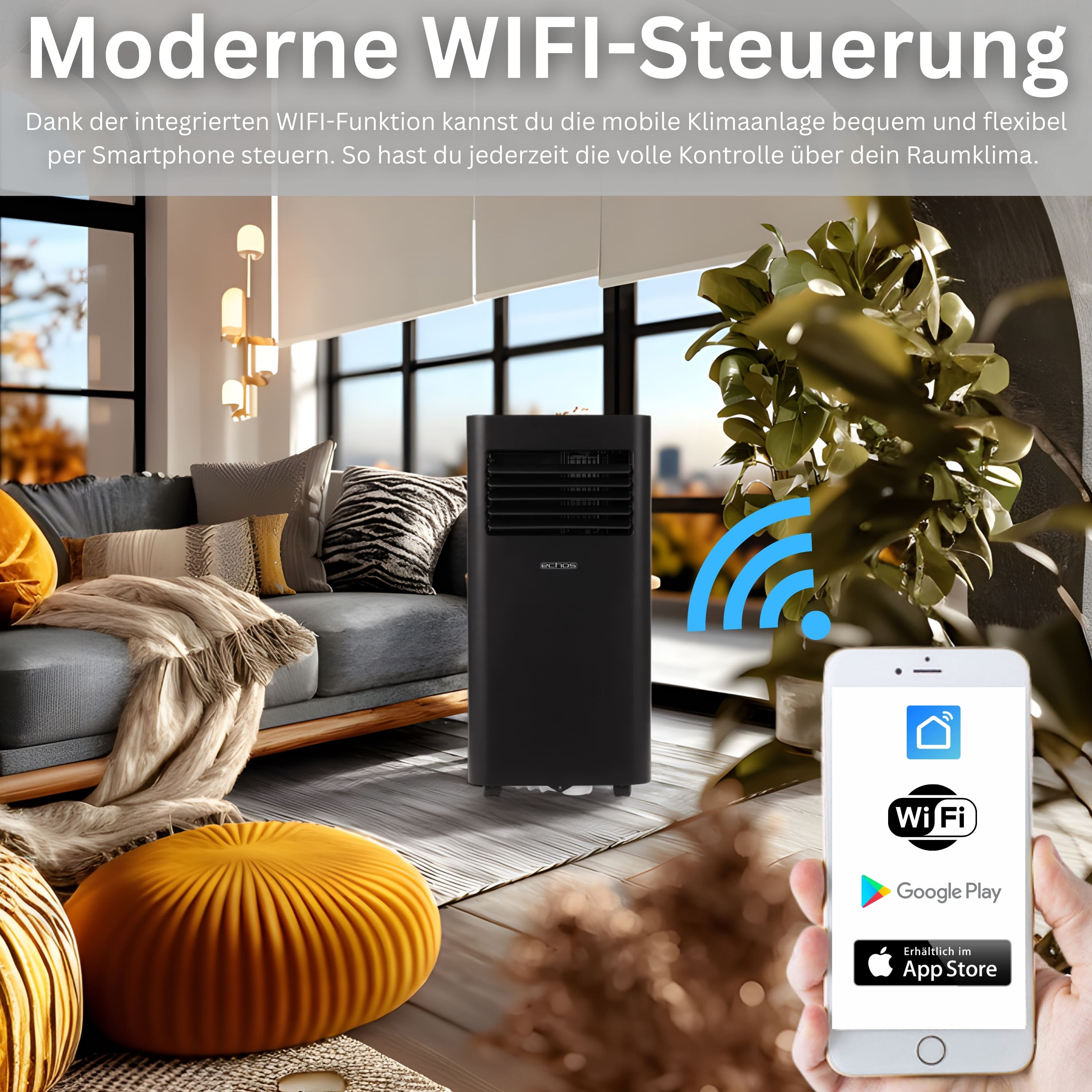 Ein schwarzer Luftkühler steht in einem modernen Wohnzimmer. Ein Handy zeigt eine App.
