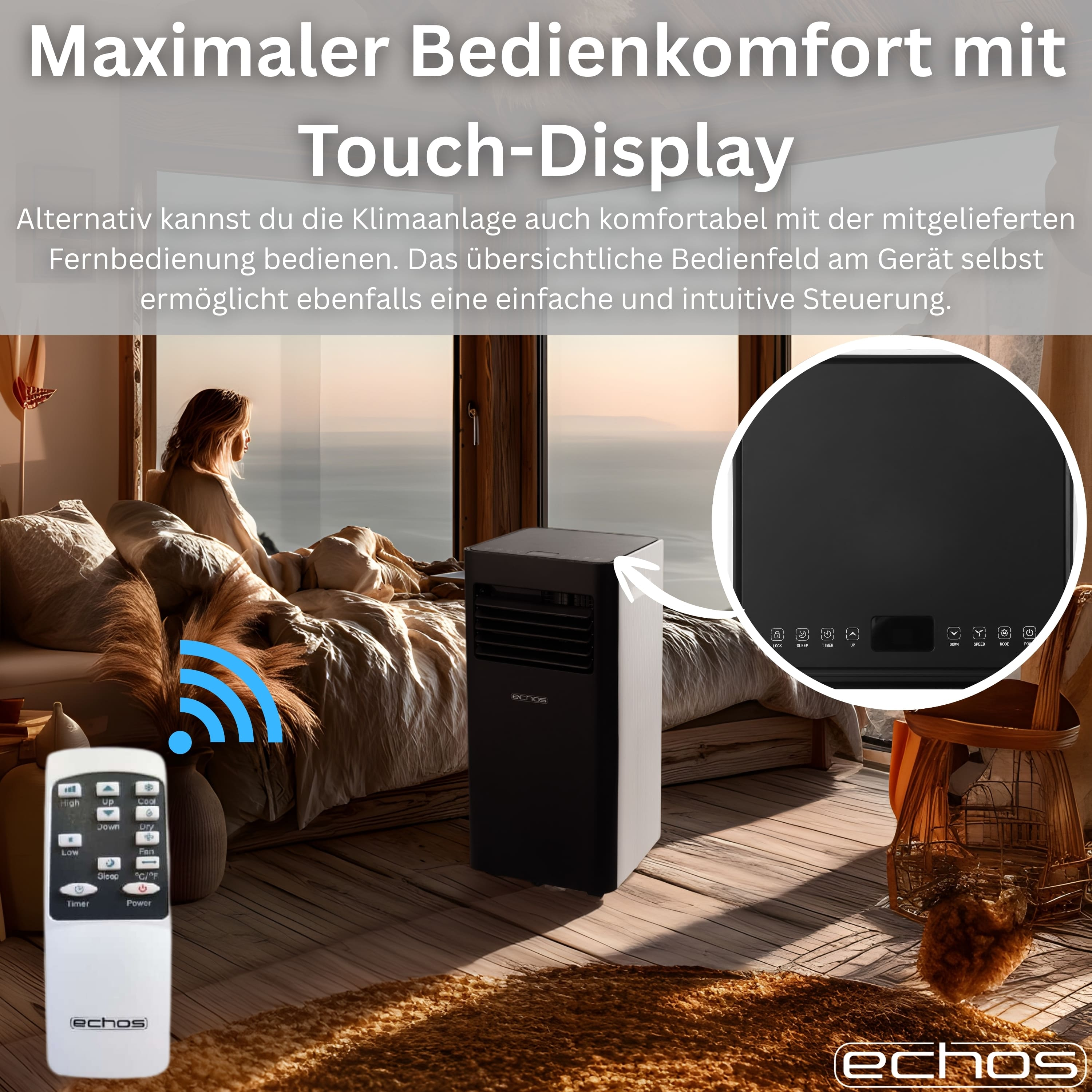 Ein mobiles Klimagerät mit Fernbedienung und Touchscreen in einem Schlafzimmer.