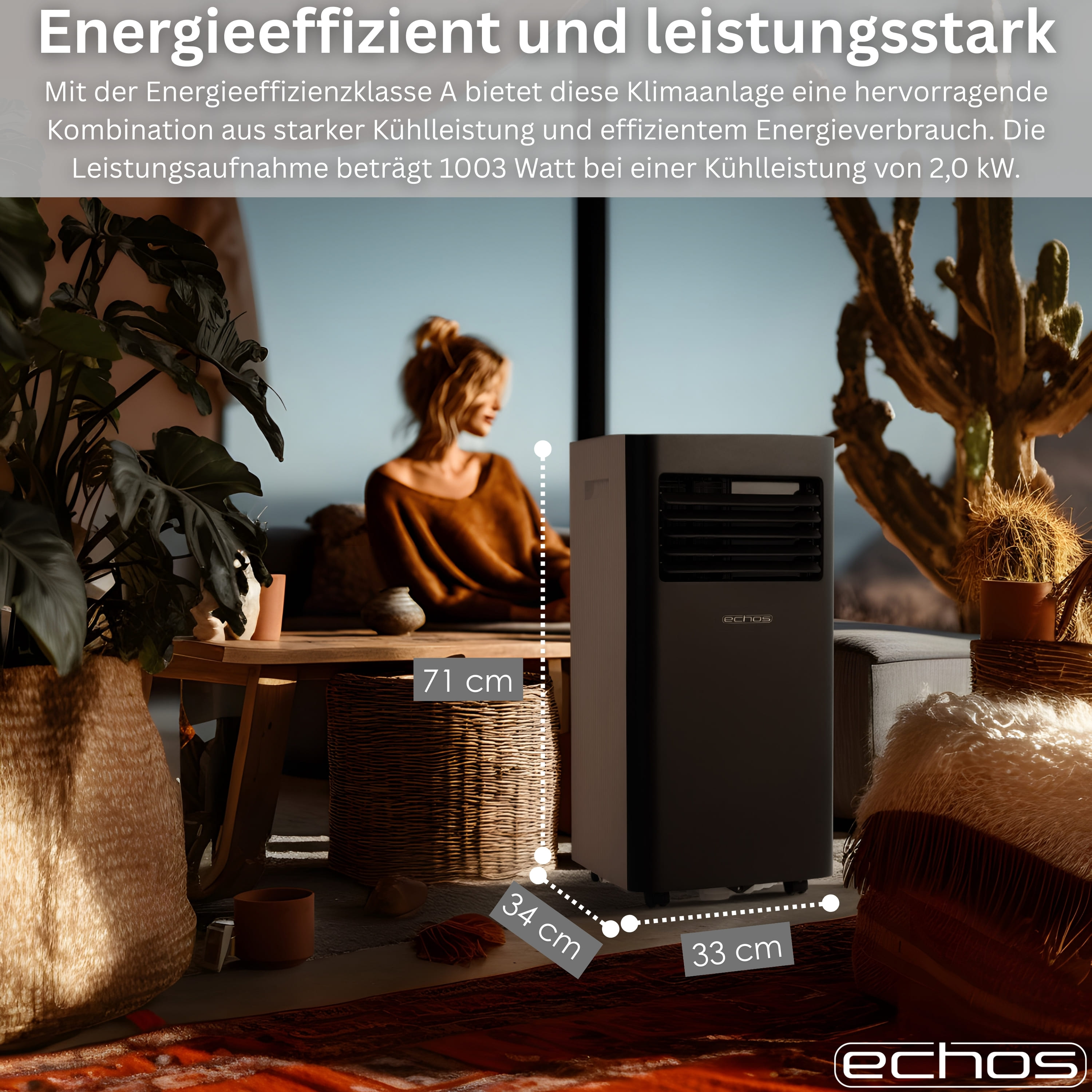 Ein mobiles Klimagerät steht neben einer Pflanze und einer Frau.