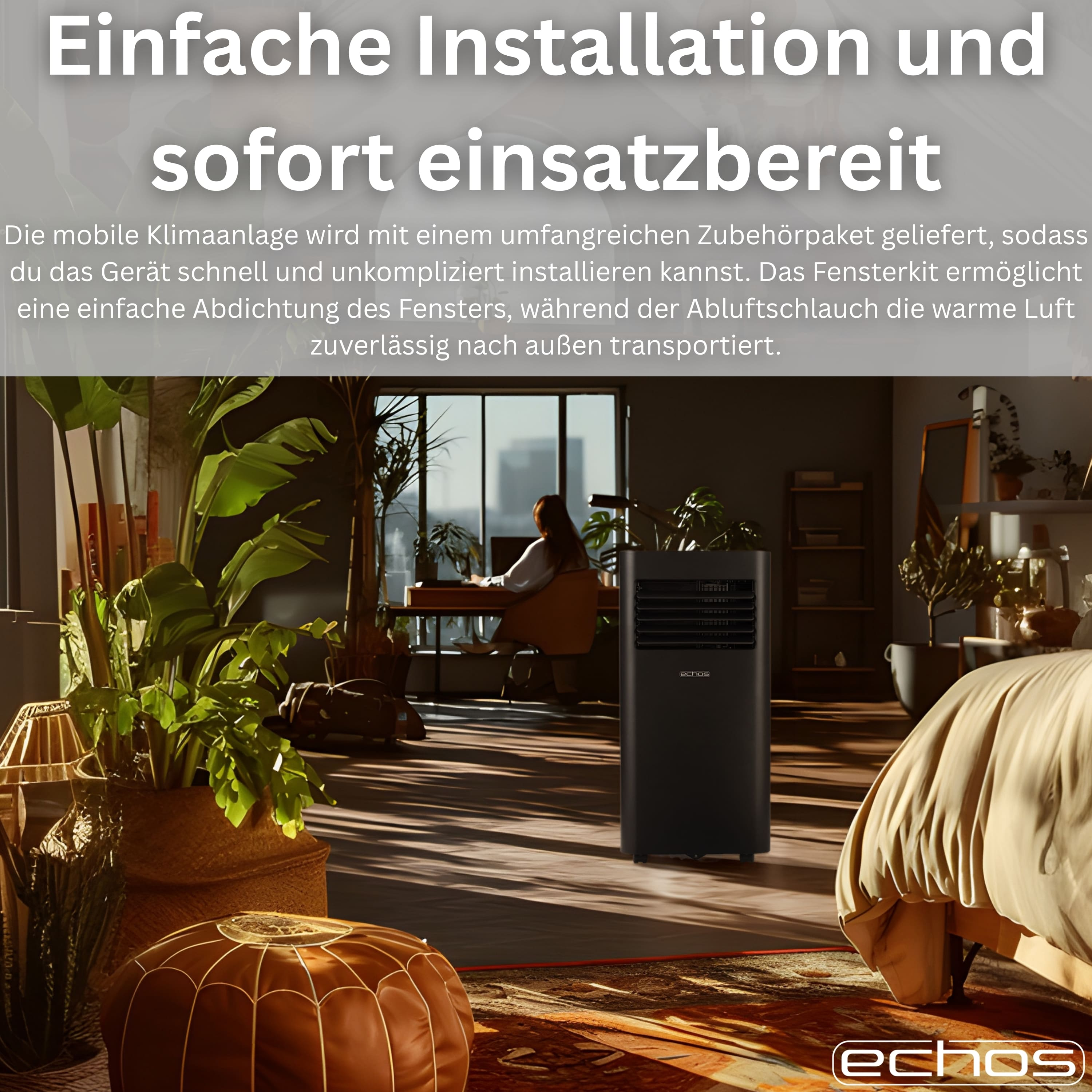 Schwarzes Klimagerät steht im Wohnzimmer neben Pflanzen und Bett.
