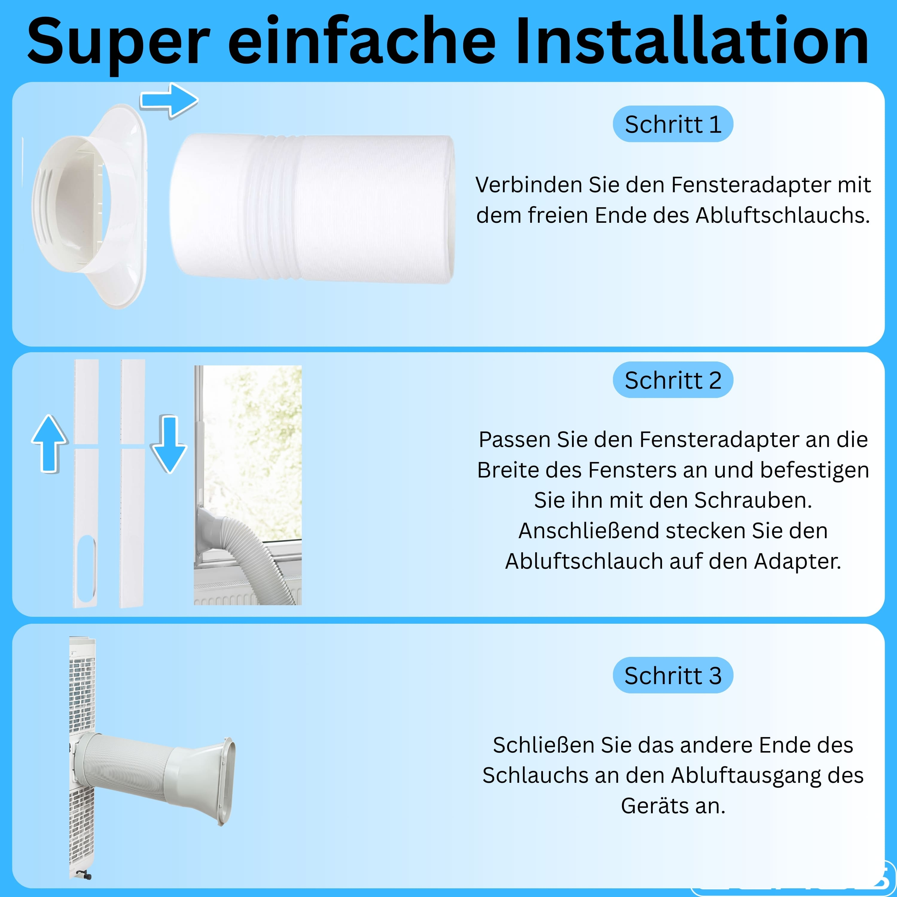 Anleitung zur einfachen Installation eines Abluftschlauchs mit Fensteradapter.