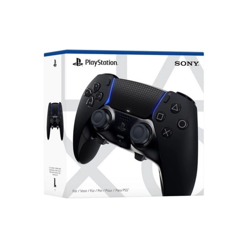 Controller nero PlayStation 5 con accenti blu su confezione bianca.