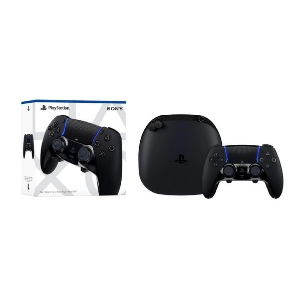 Controller PlayStation nero e custodia di ricarica con accenti blu.