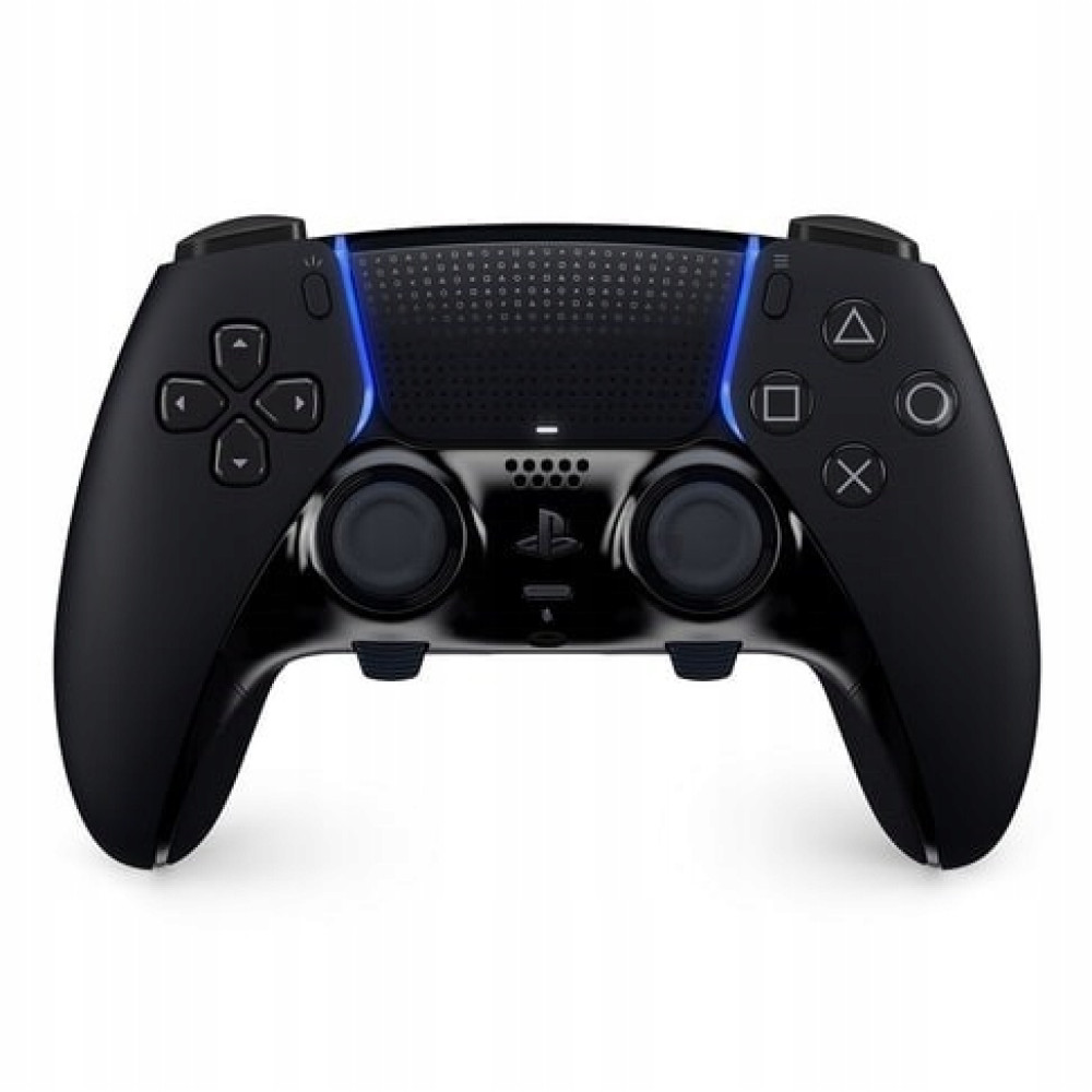 Controller PlayStation nero con accenti luminosi blu e pulsanti argentati.