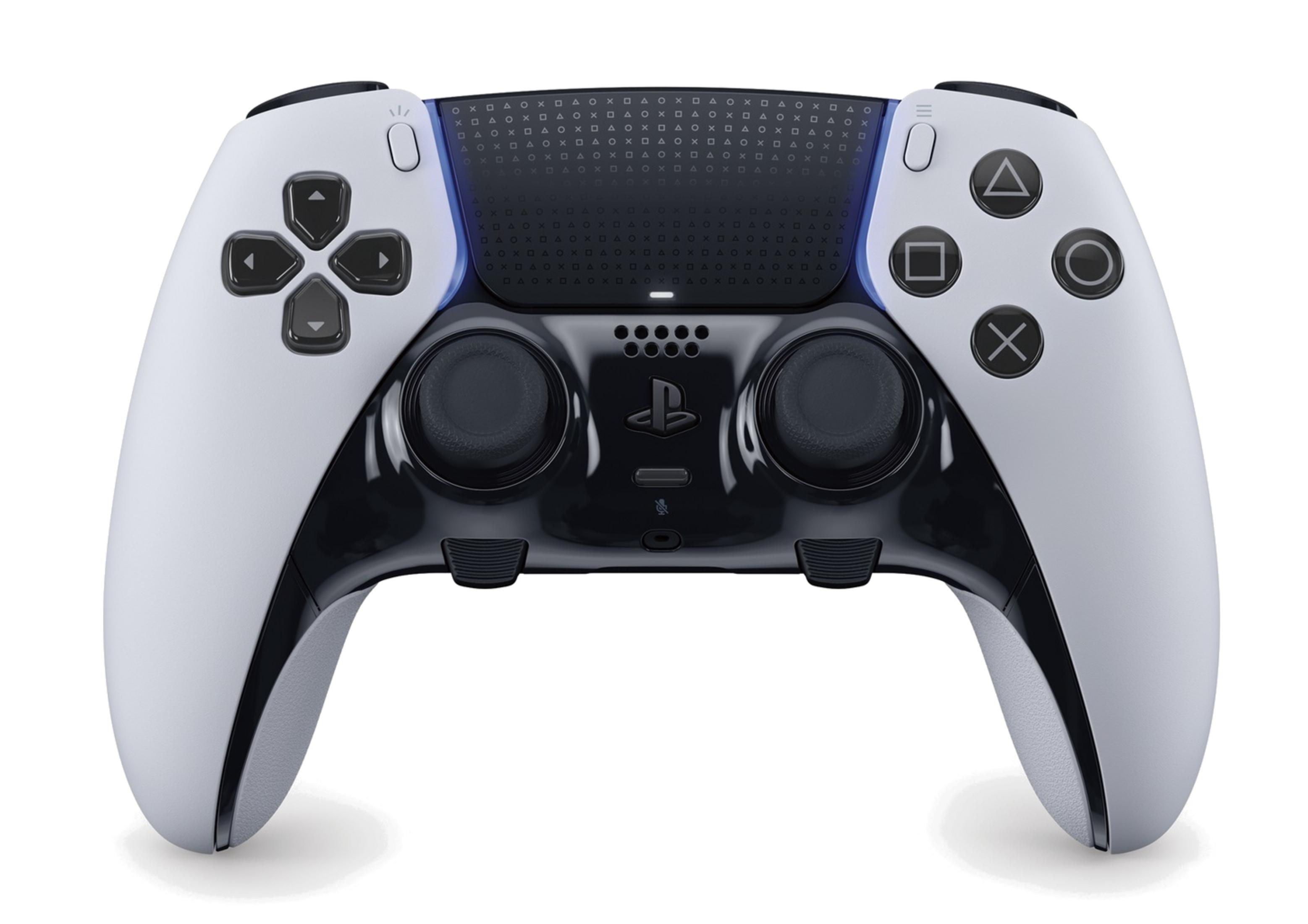 Un controller PlayStation bianco e nero con motivo retroilluminato.