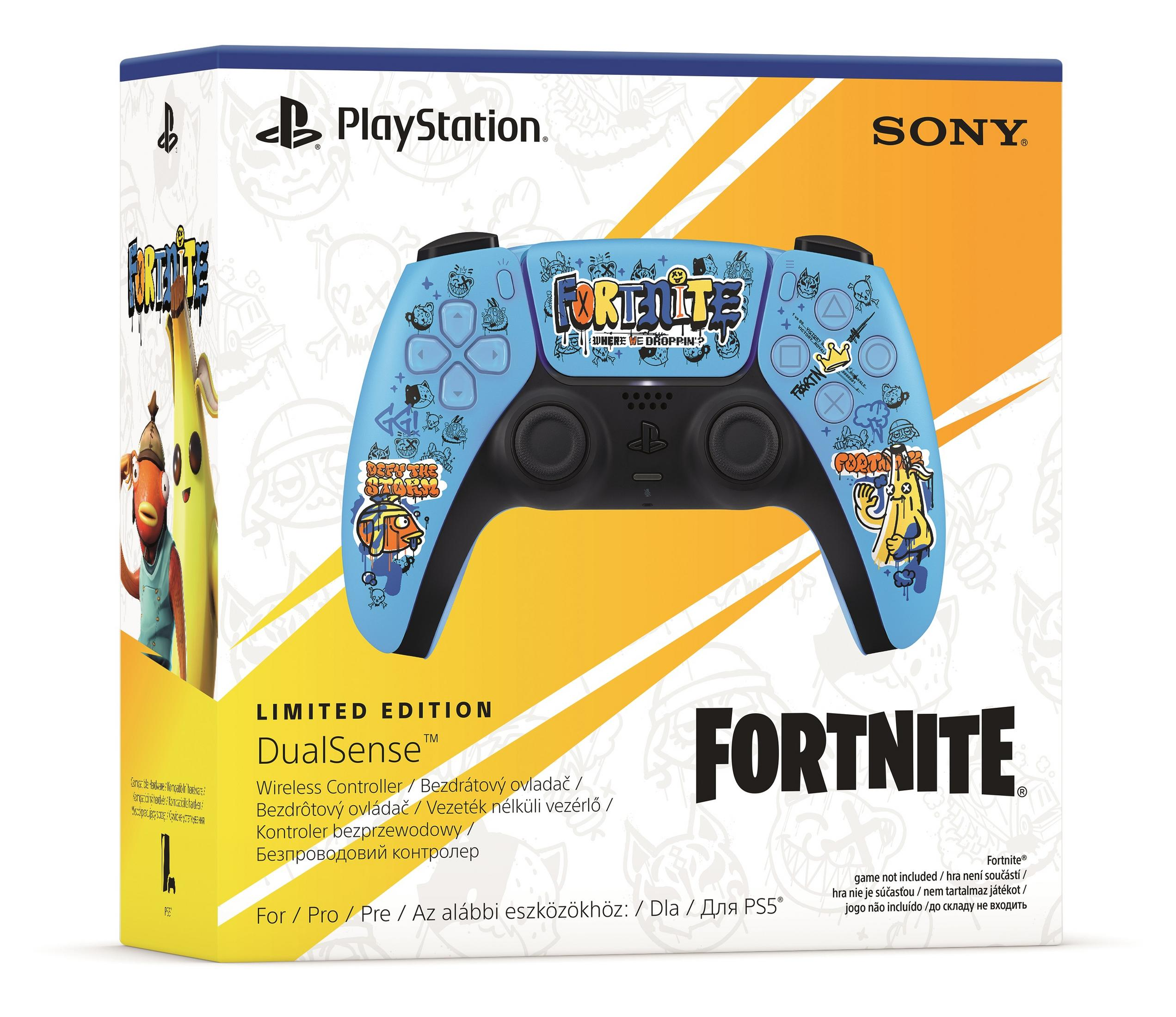 Kontroler Sony PlayStation DualSense edycja Fortnite na niebieskim tle z postaciami banana i ryby.