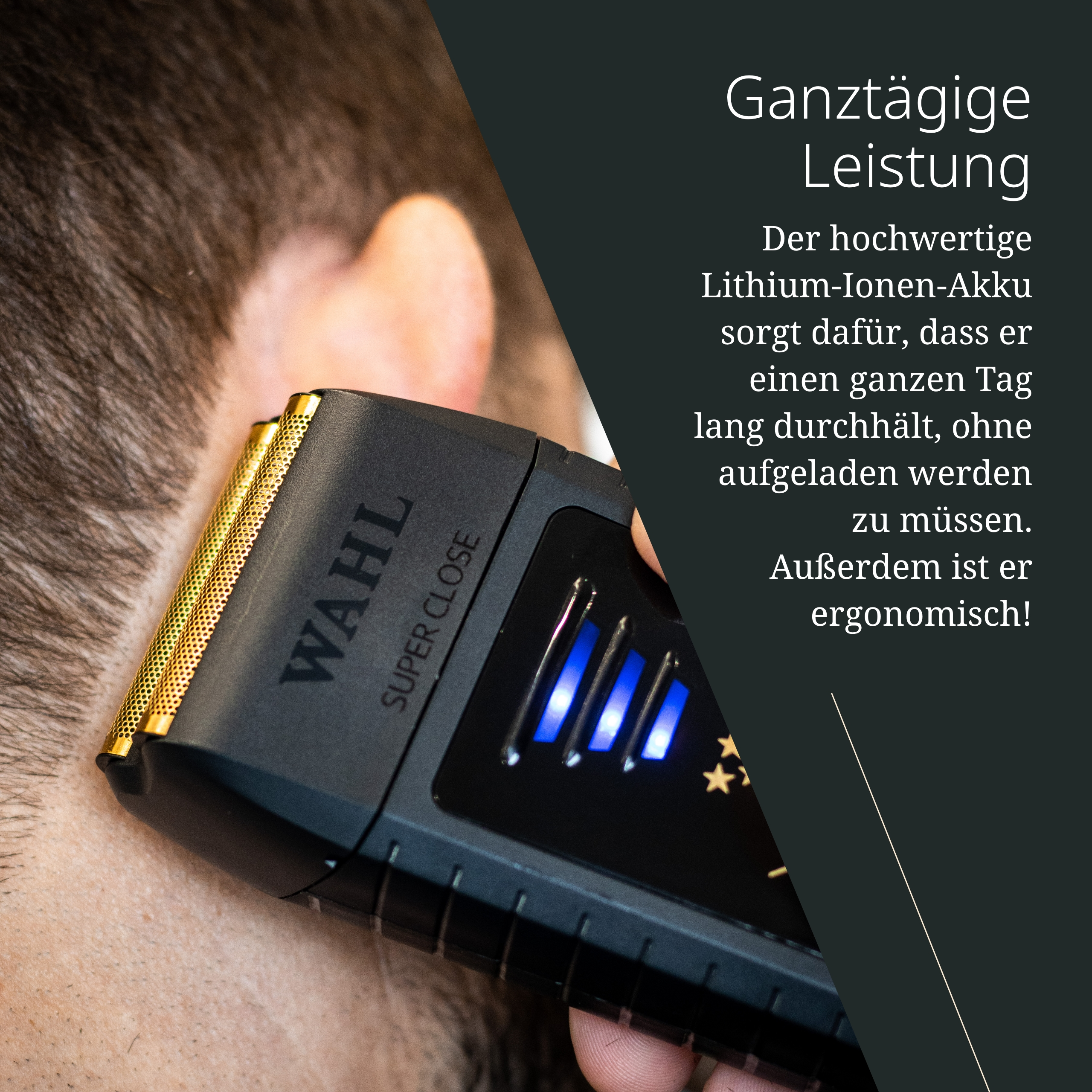 Mężczyzna goli głowę czarną maszynką Wahl ze złotymi detalami.