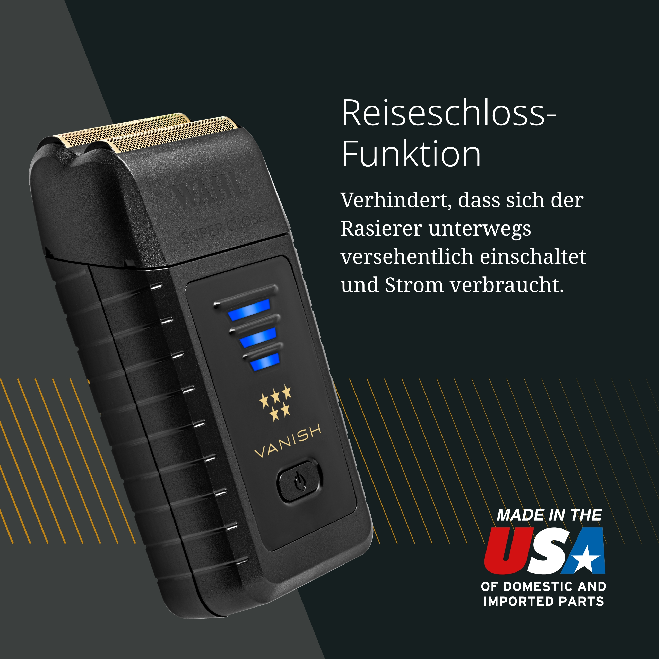 Czarna maszynka do golenia WAHL z funkcją blokady podróżnej i pieczęcią USA.