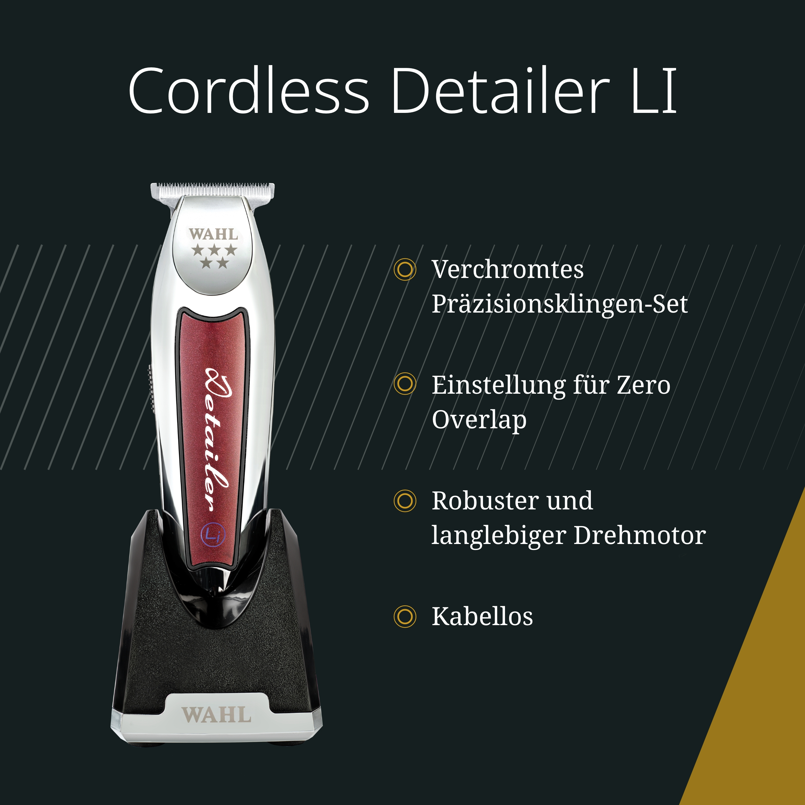 Wahl Cordless Detailer LI Trimmer auf schwarzem Ständer, mit deutschen Produktmerkmalen.
