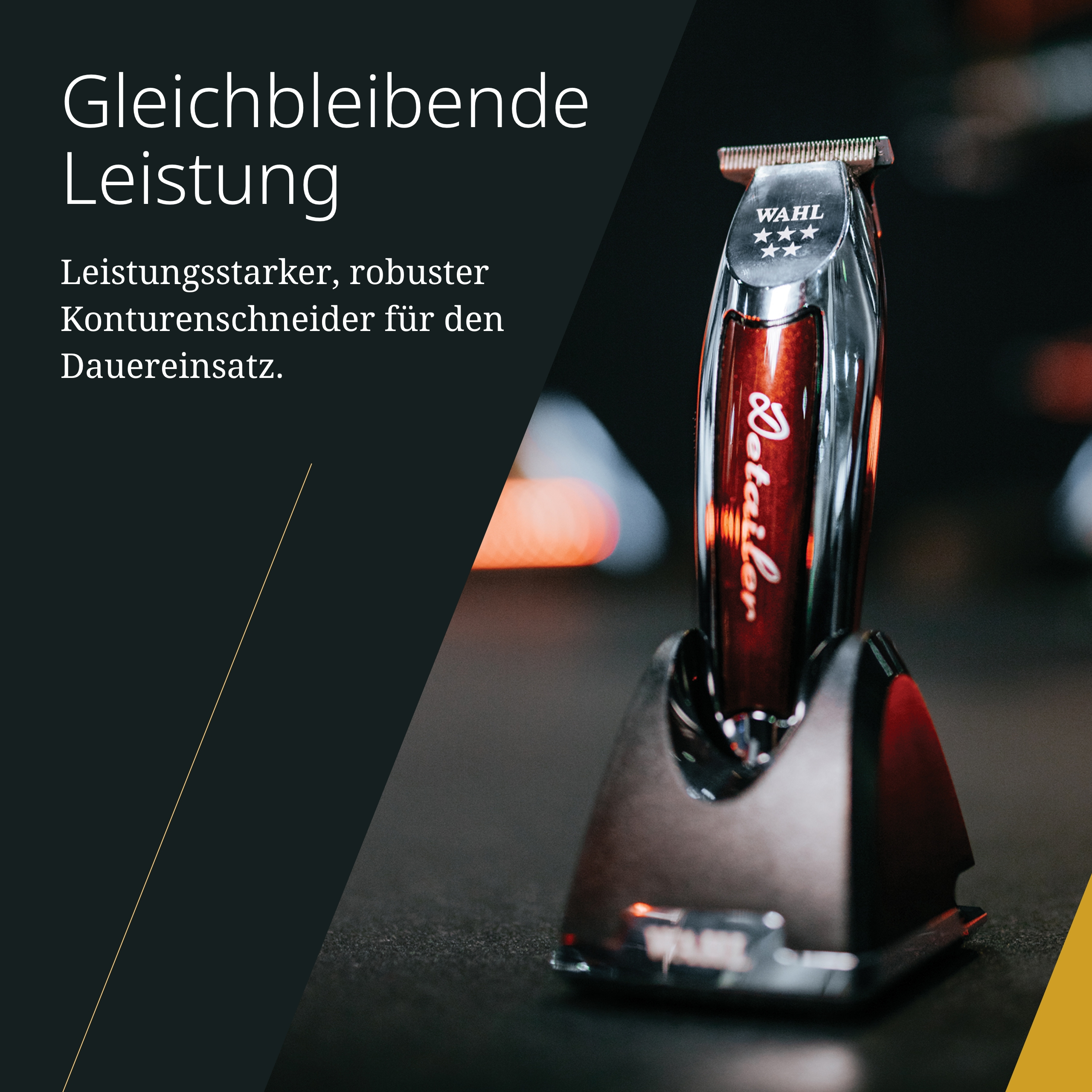 Ein roter WAHL Detailer Trimmer steht auf einer Ladestation. Dunkler Hintergrund.