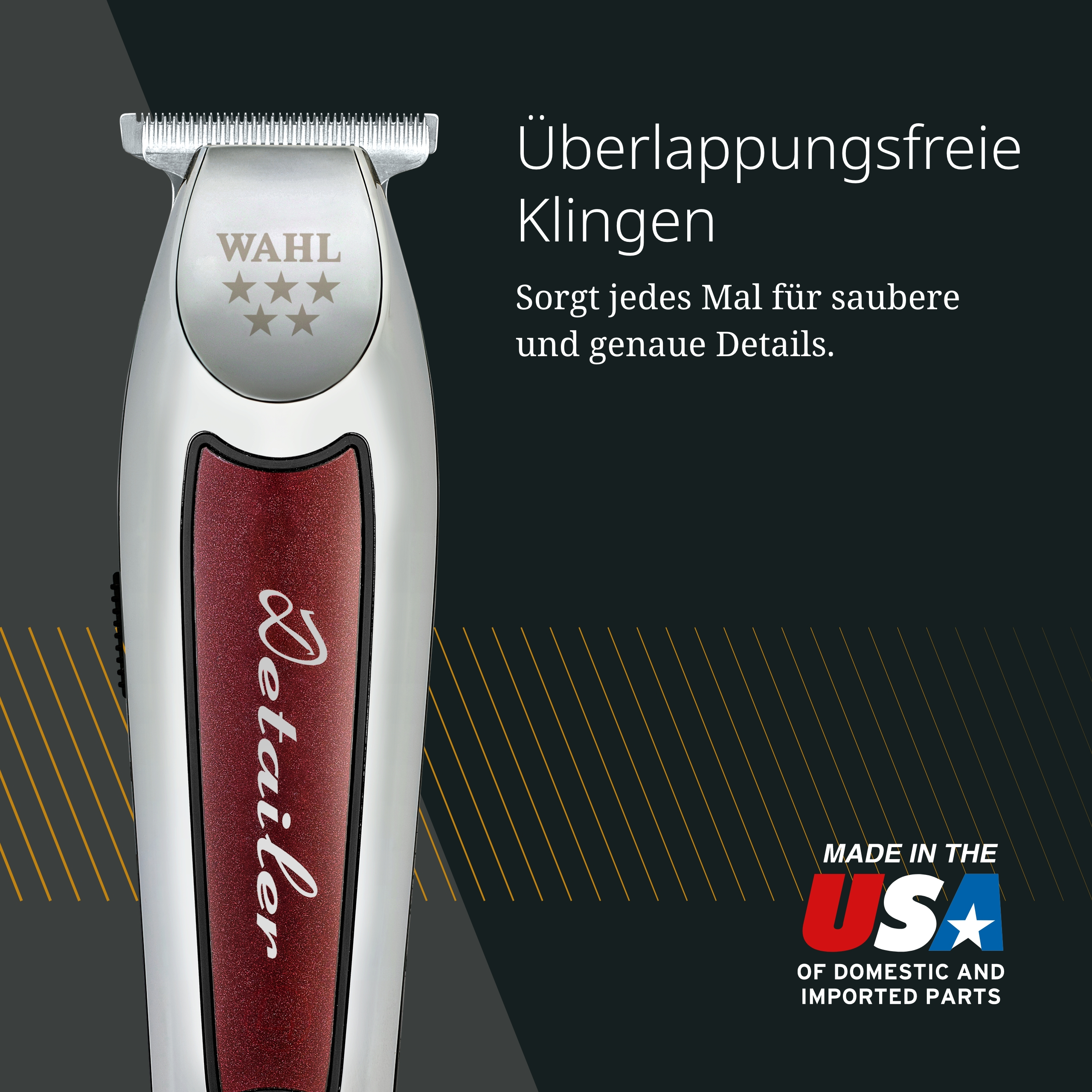 Wahl Detailer Haarschneider mit roten Akzenten und USA-Siegel.