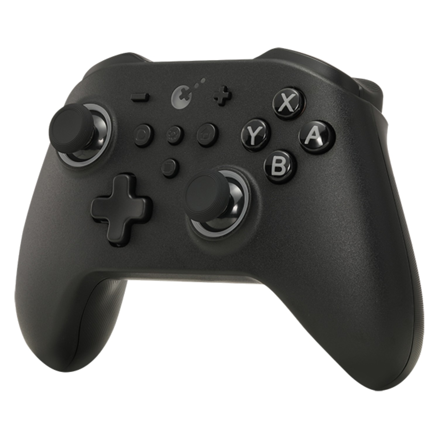 Mando de videojuegos negro con joysticks, D-pad y botones.