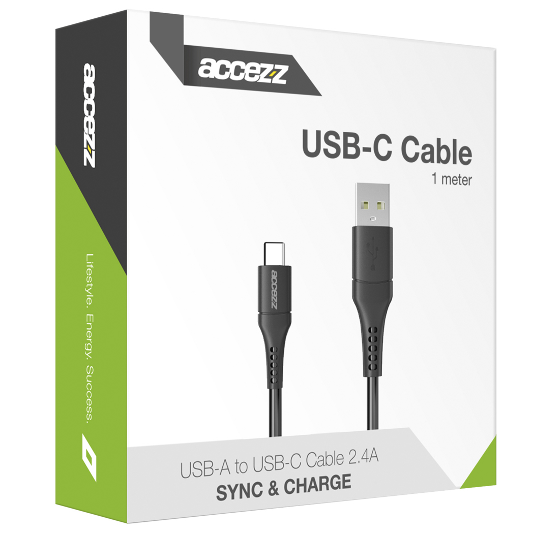 Boîte avec un câble USB-C de 1 mètre, avec connecteurs USB-A et USB-C.