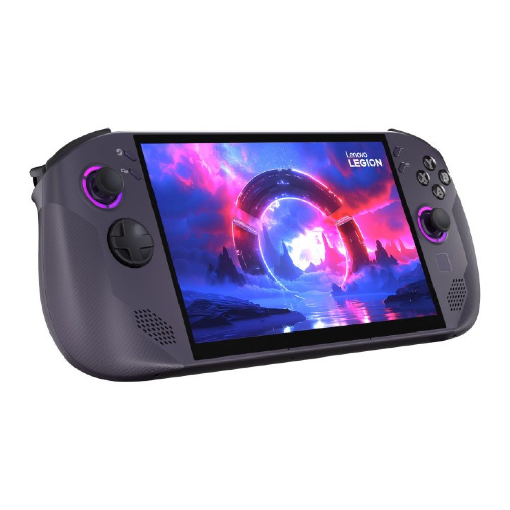 Un dispositivo di gioco portatile scuro che visualizza un'immagine futuristica e colorata sul suo schermo.