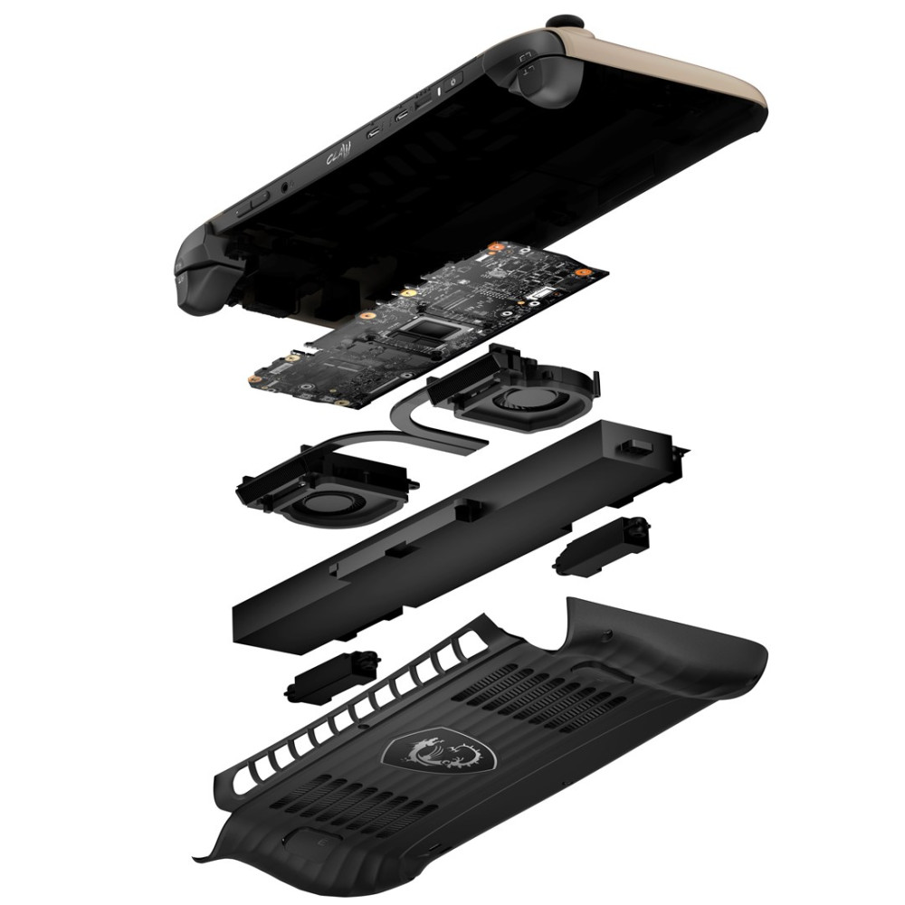 Widok rozstrzelony konsoli przenośnej do gier z płytką drukowaną, wentylatorami i obudową.