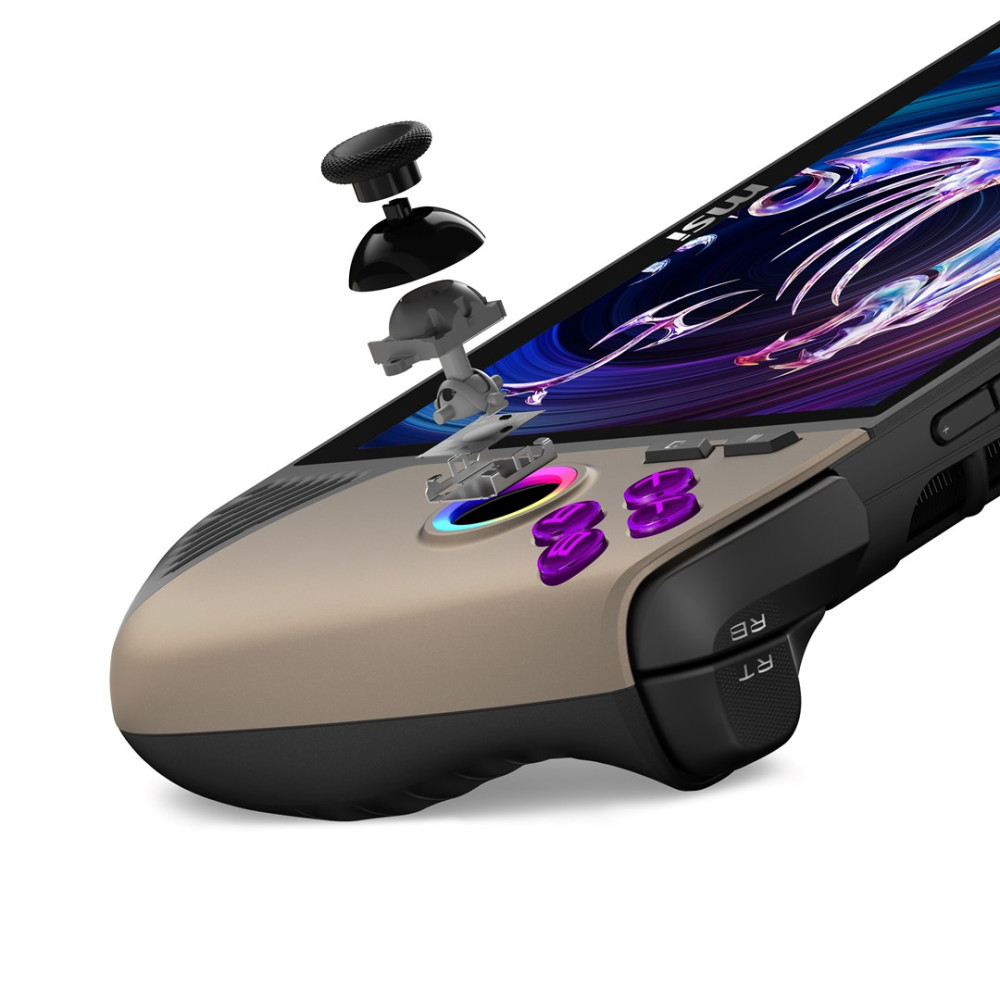 Przenośne urządzenie do gier z odłączanym joystickiem i fioletowymi przyciskami.