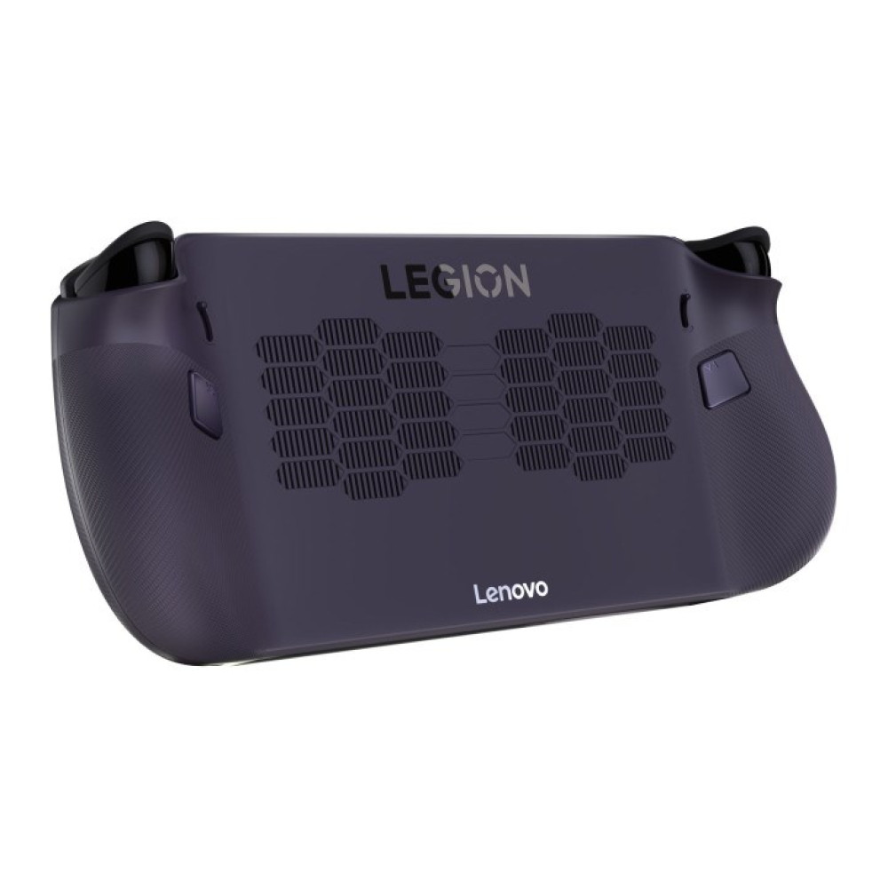 Un'handheld da gaming Lenovo Legion scura vista da dietro con prese d'aria.