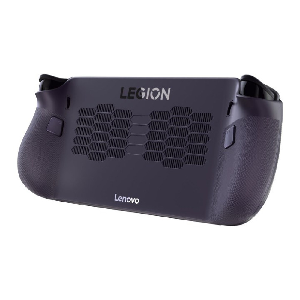 Dispositivo portatile grigio scuro con motivo di ventilazione e logo Lenovo.