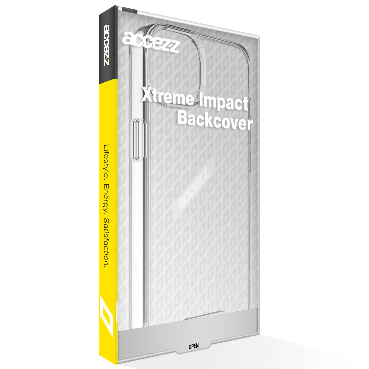 Verpakking voor een doorzichtige telefoonhoes, met 'Xtreme Impact Backcover'.