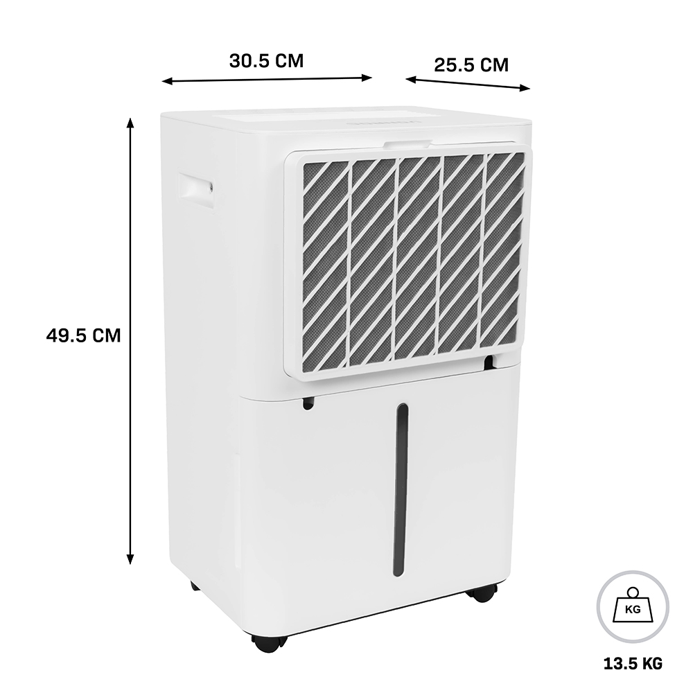 A white dehumidifier measuring 30.5x25.5x49.5 cm and weighing 13.5 kg.