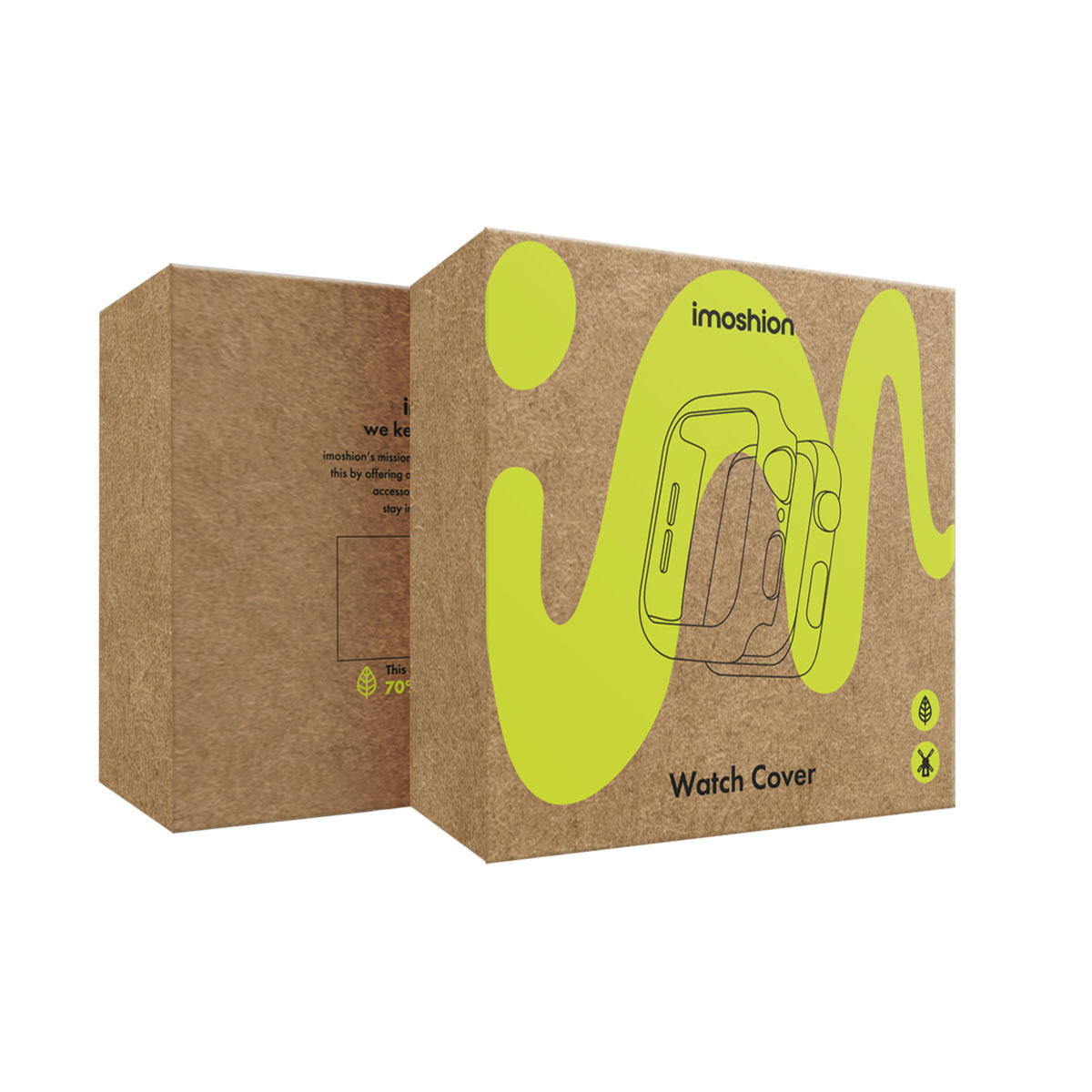Twee kartonnen dozen. Eén toont een limoengroen "imoshion" logo en horlogehoes ontwerp.