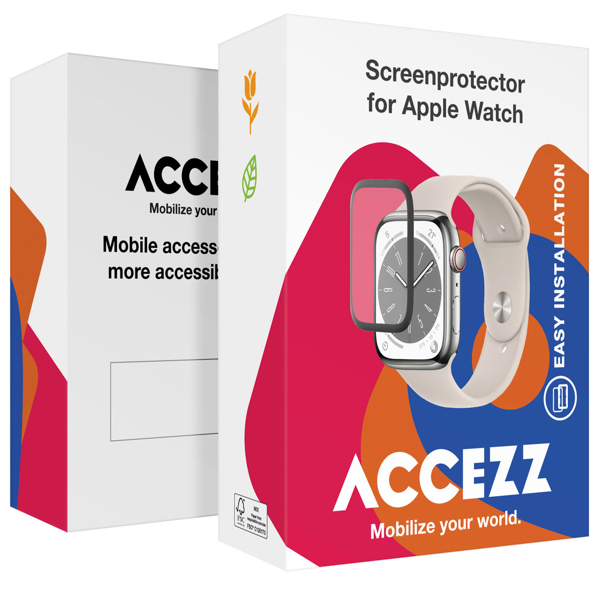 Packaging for Apple Watch screen protector with watch and branding.
