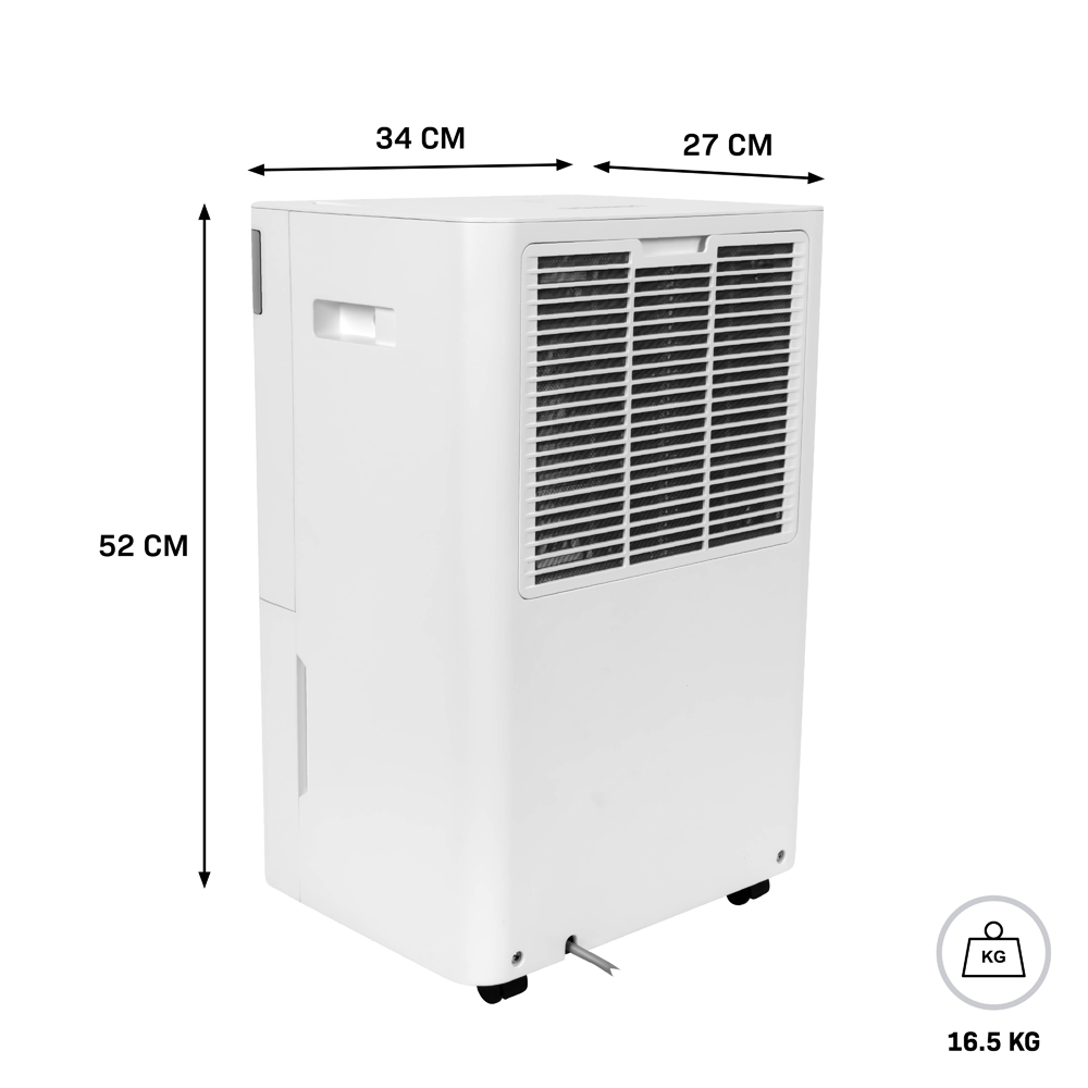 A white dehumidifier measuring 34x27x52cm and weighing 16.5kg.