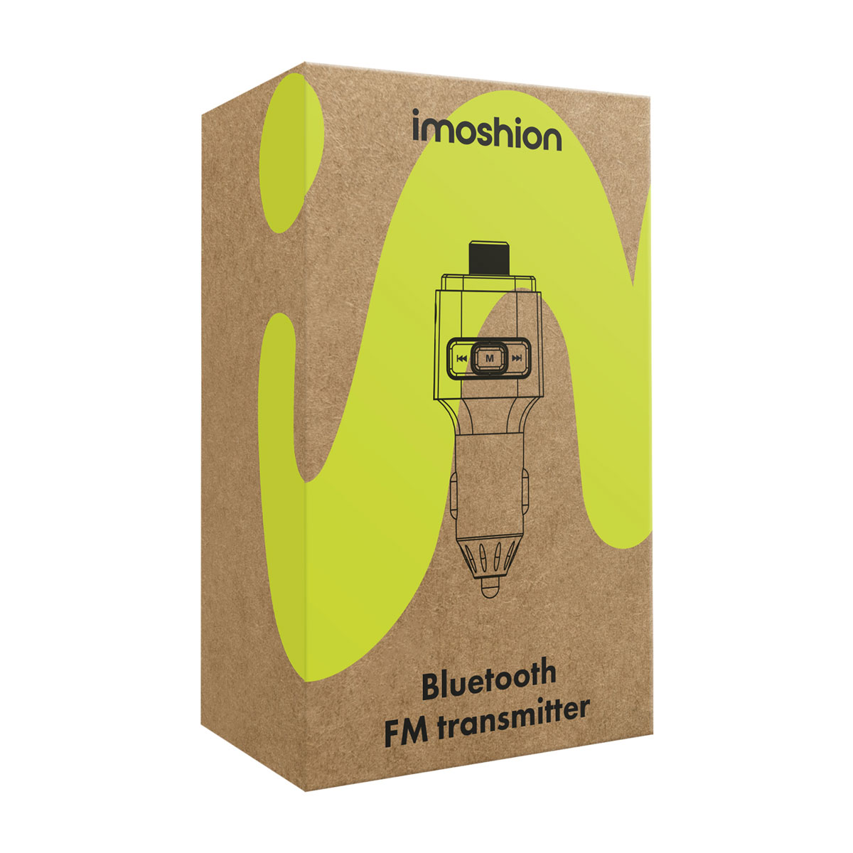 Cardboard box with Bluetooth FM transmitter illustration and imoshion logo.