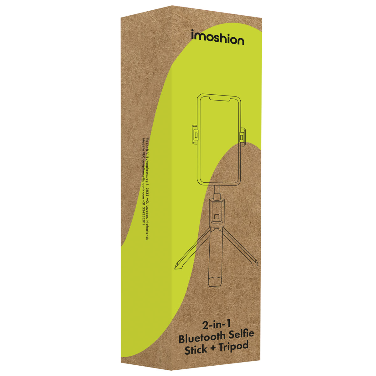 Packaging for a 2-in-1 selfie stick and tripod with smartphone holder.