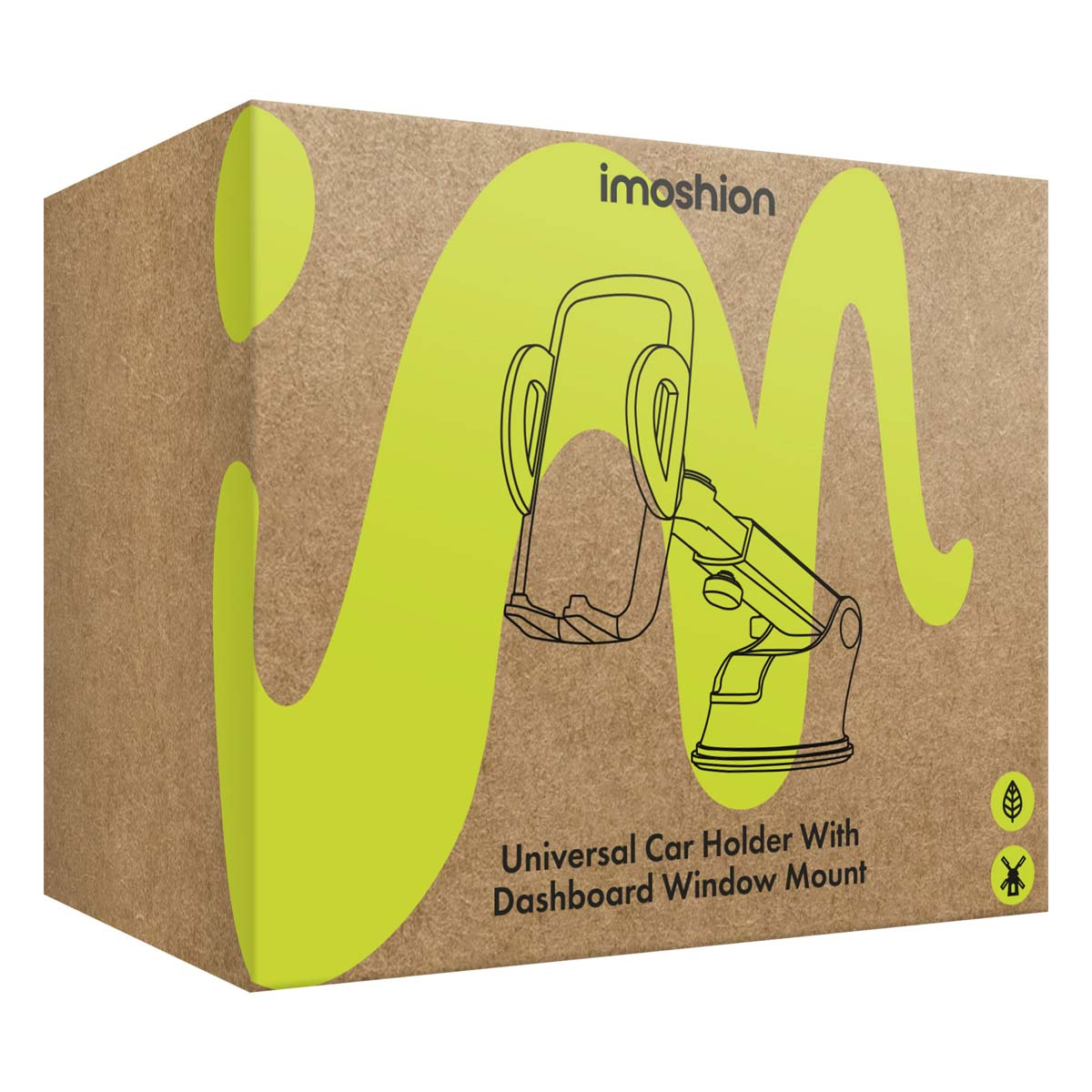 Imoshion car holder box with line drawing of holder and green swirls. Text 'Universal Car Holder'.