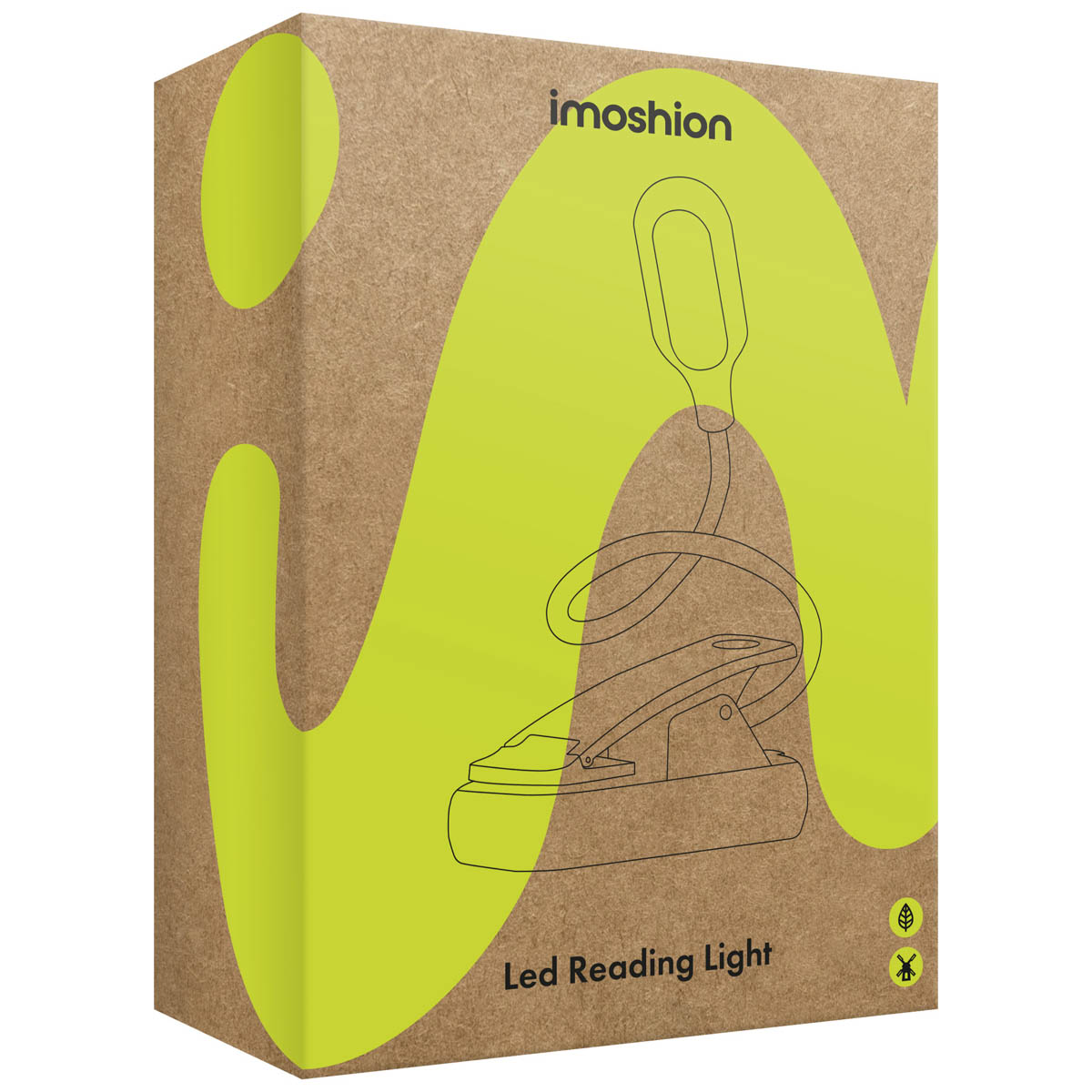 Imoshion LED reading light packaging. Brown with neon green accents.
