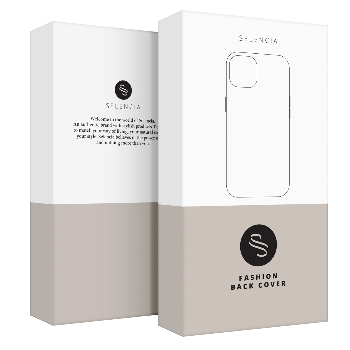 Twee witte productdozen met beige onderkant. Eén toont logo en tekst, de andere een schematische tekening.
