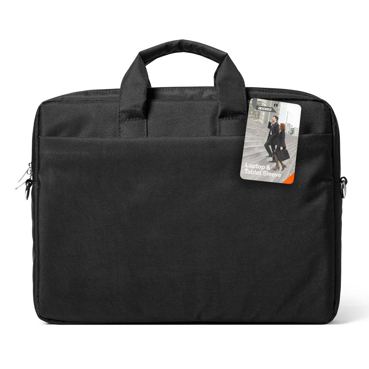 Zwarte laptoptas met handvatten en een label met twee personen.