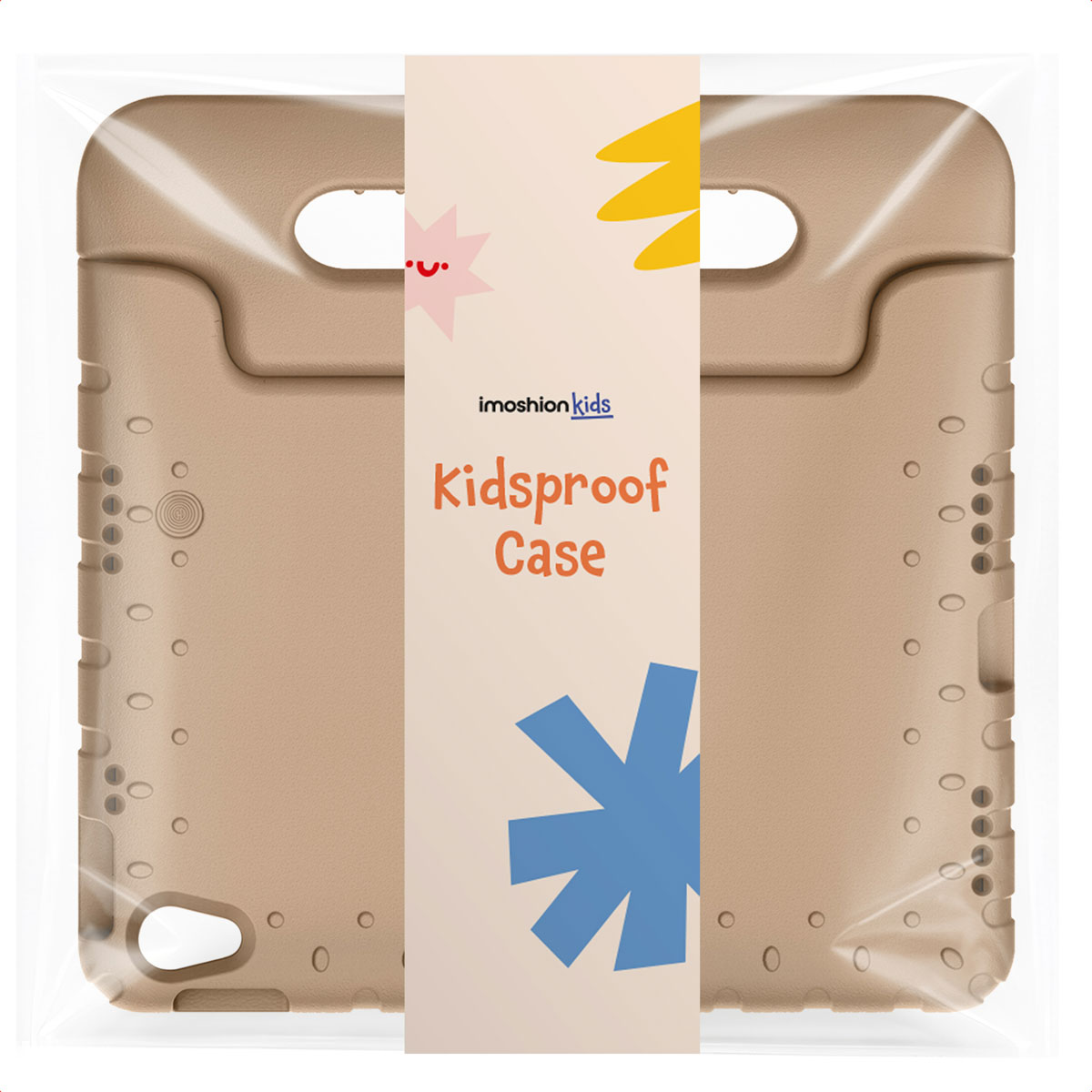 A beige tablet case with "Kidsproof Case" branding and cartoon graphics.