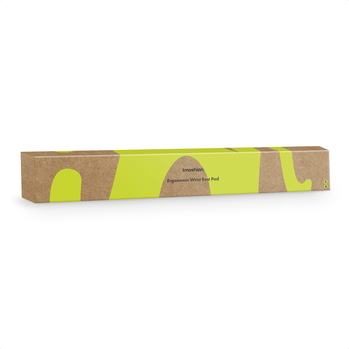 A long rectangular box with brown and lime green abstract design.