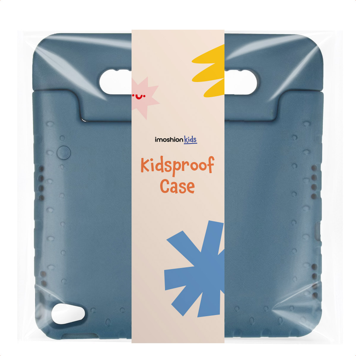 Blauwe, kindvriendelijke hoes met grafische print. Met handvat uitsparingen en poort openingen.